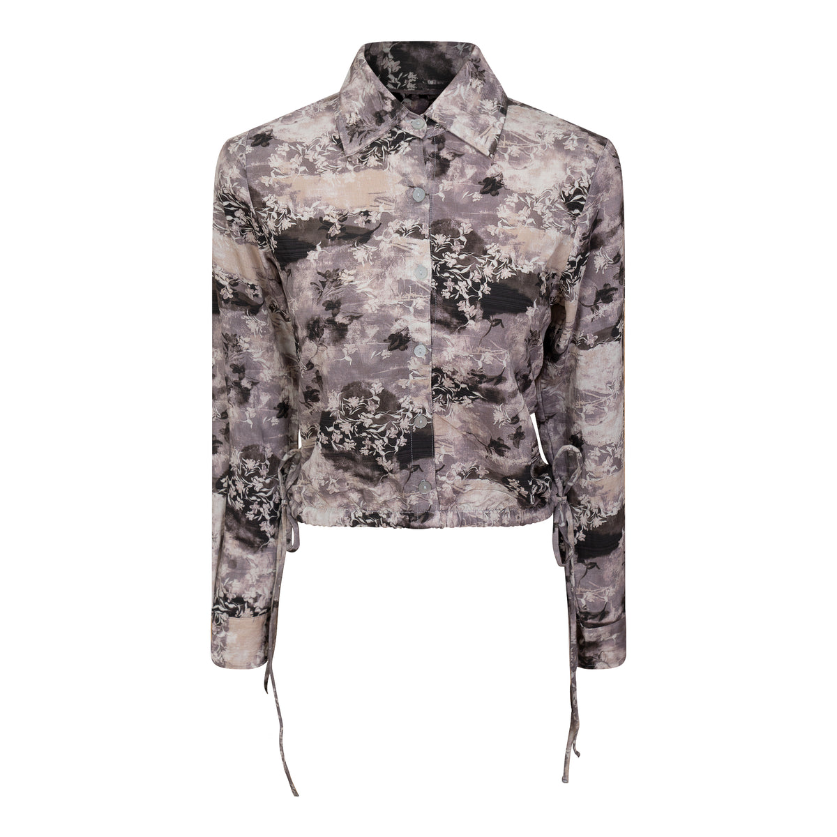 Printed Linen Cropped Blouse in Grey by The Norway Club