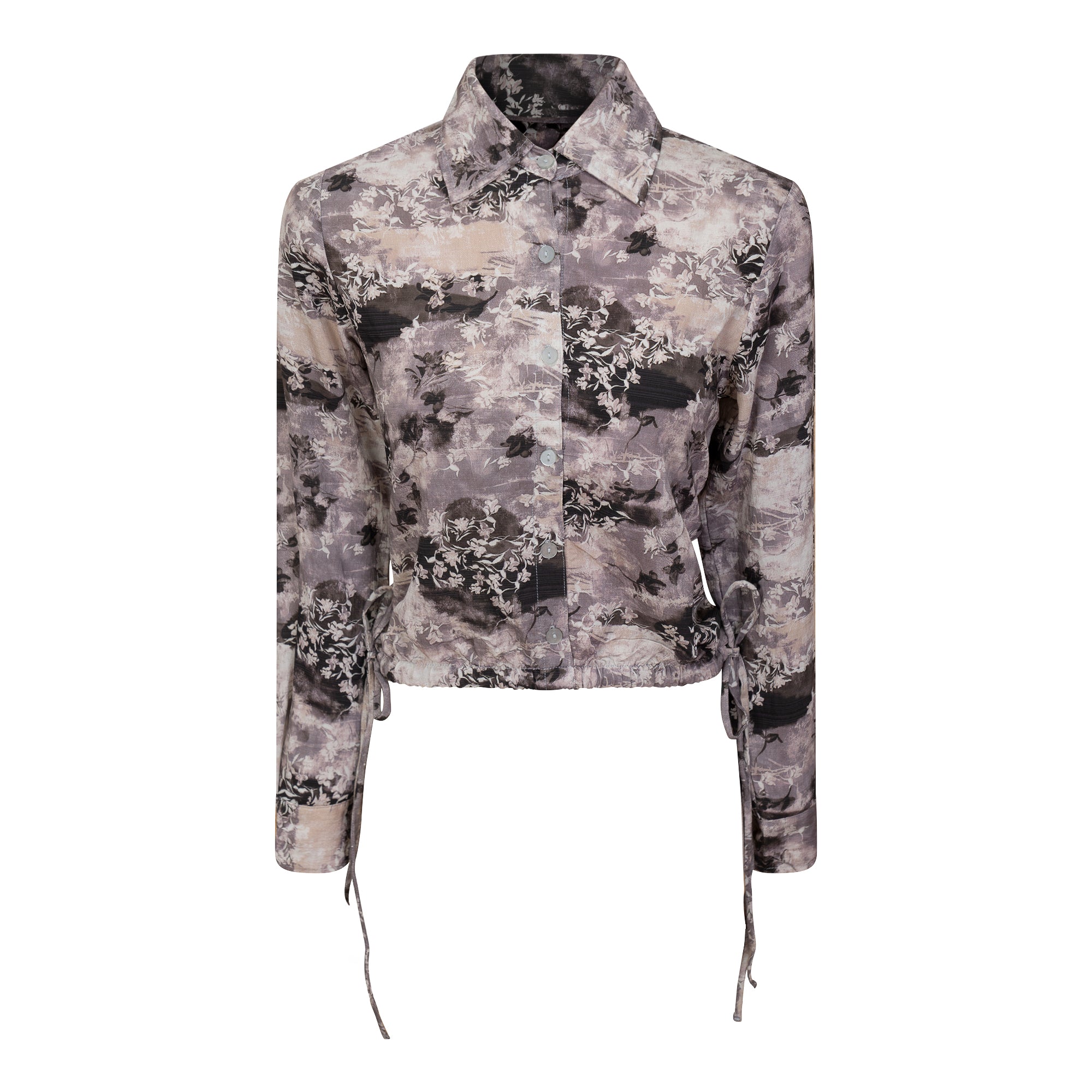 Printed Linen Cropped Blouse in Grey by The Norway Club