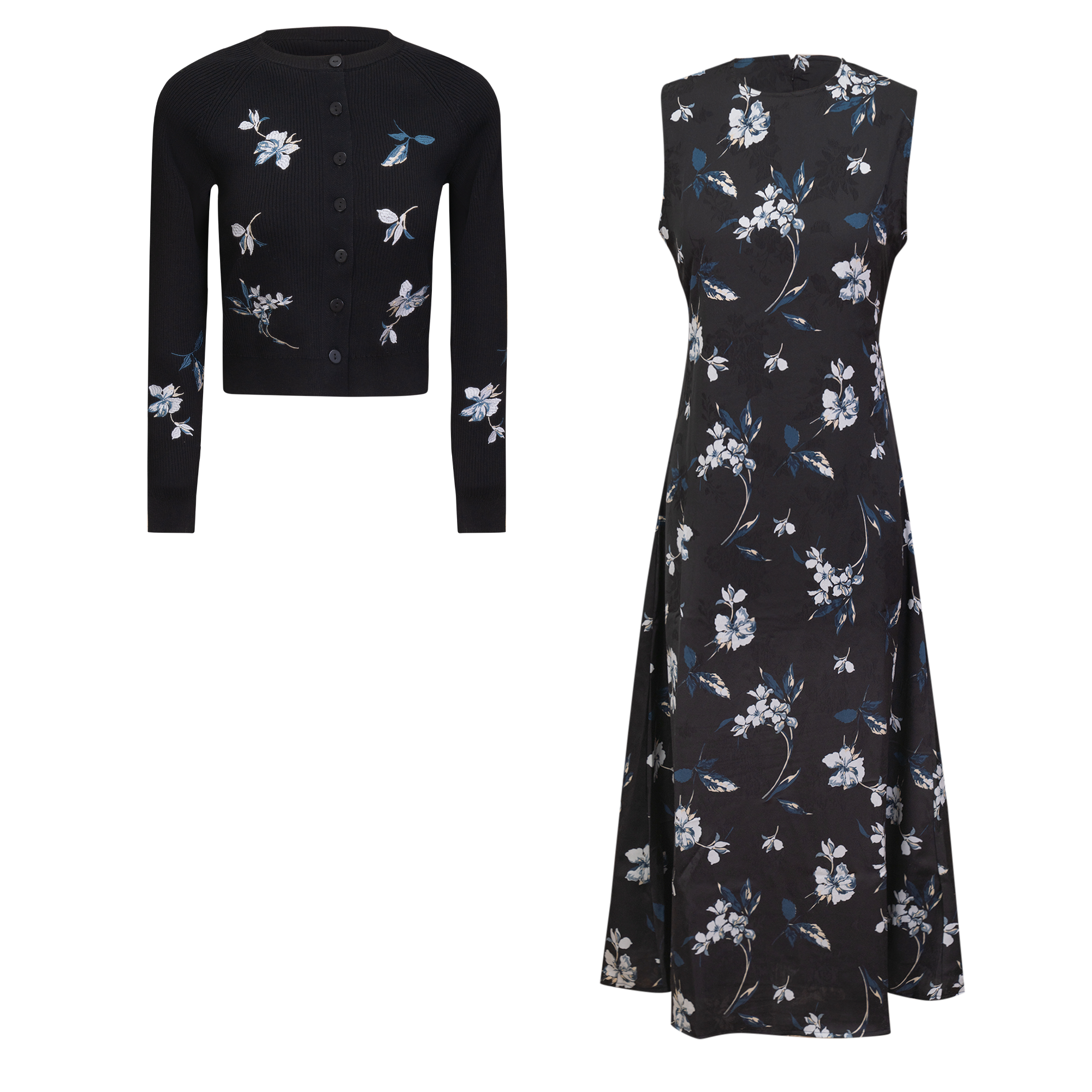 Satin Jumper Embroidered Knit Cardigan Set in Black by Birt UK