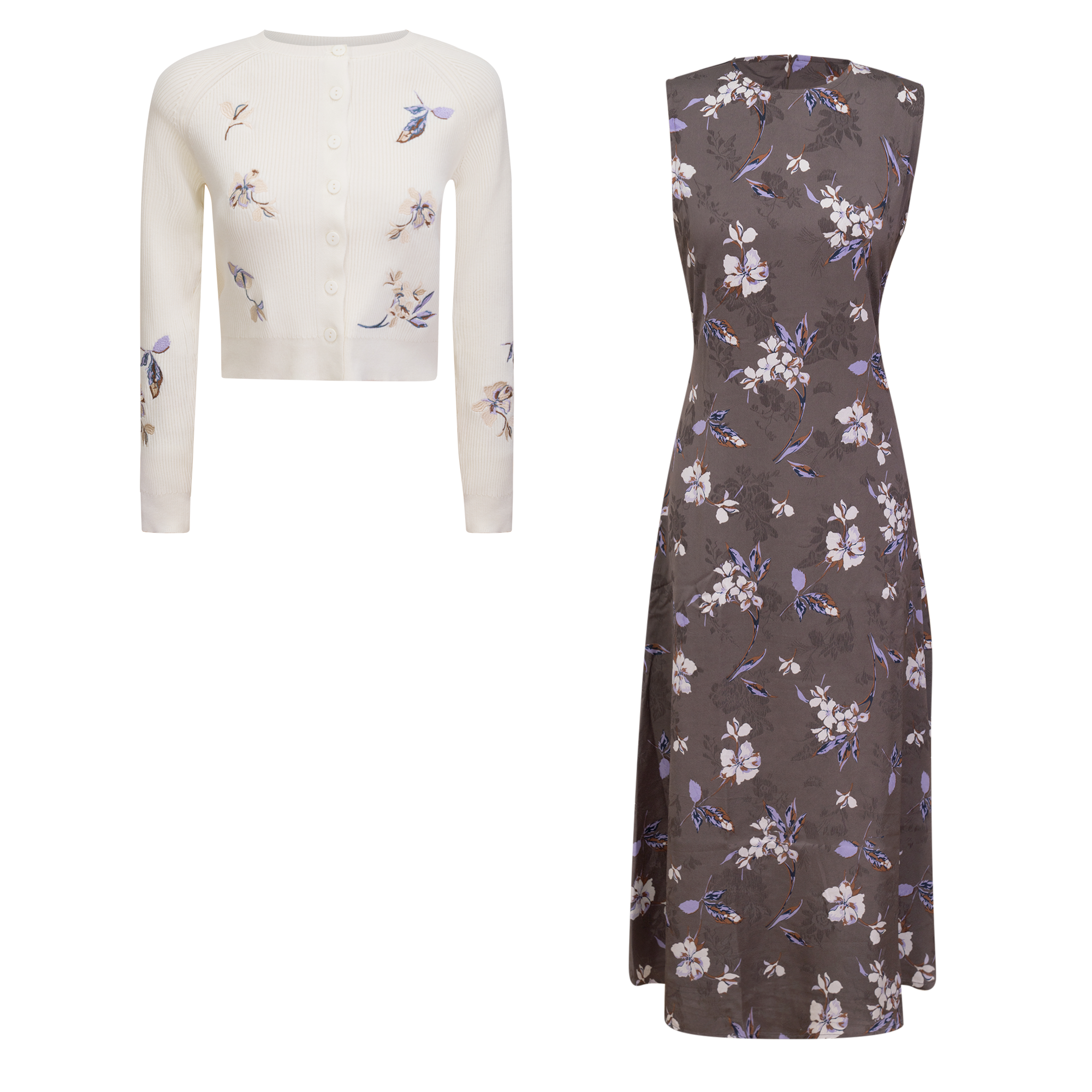 Satin Jumper Embroidered Knit Cardigan Set in Cream by Birt UK