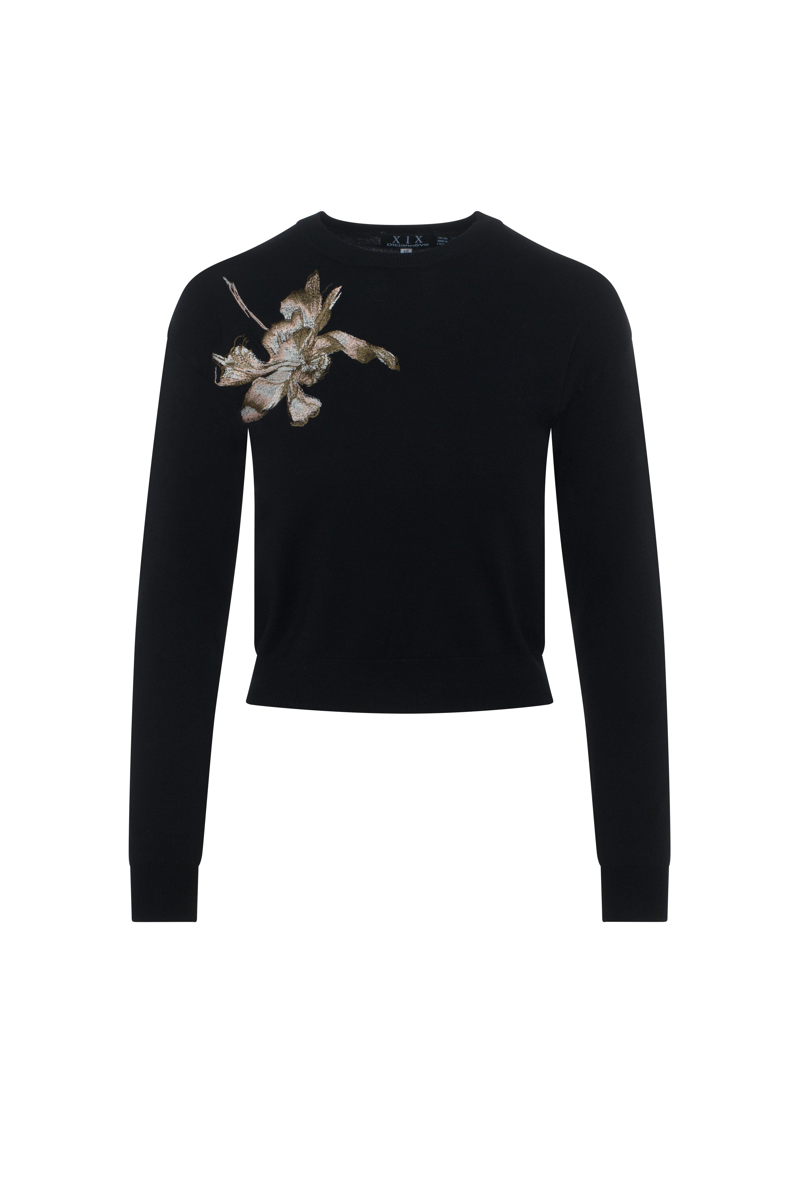 Crew Neck Floral Embroidery Sweater in Black Blush by Diciannove
