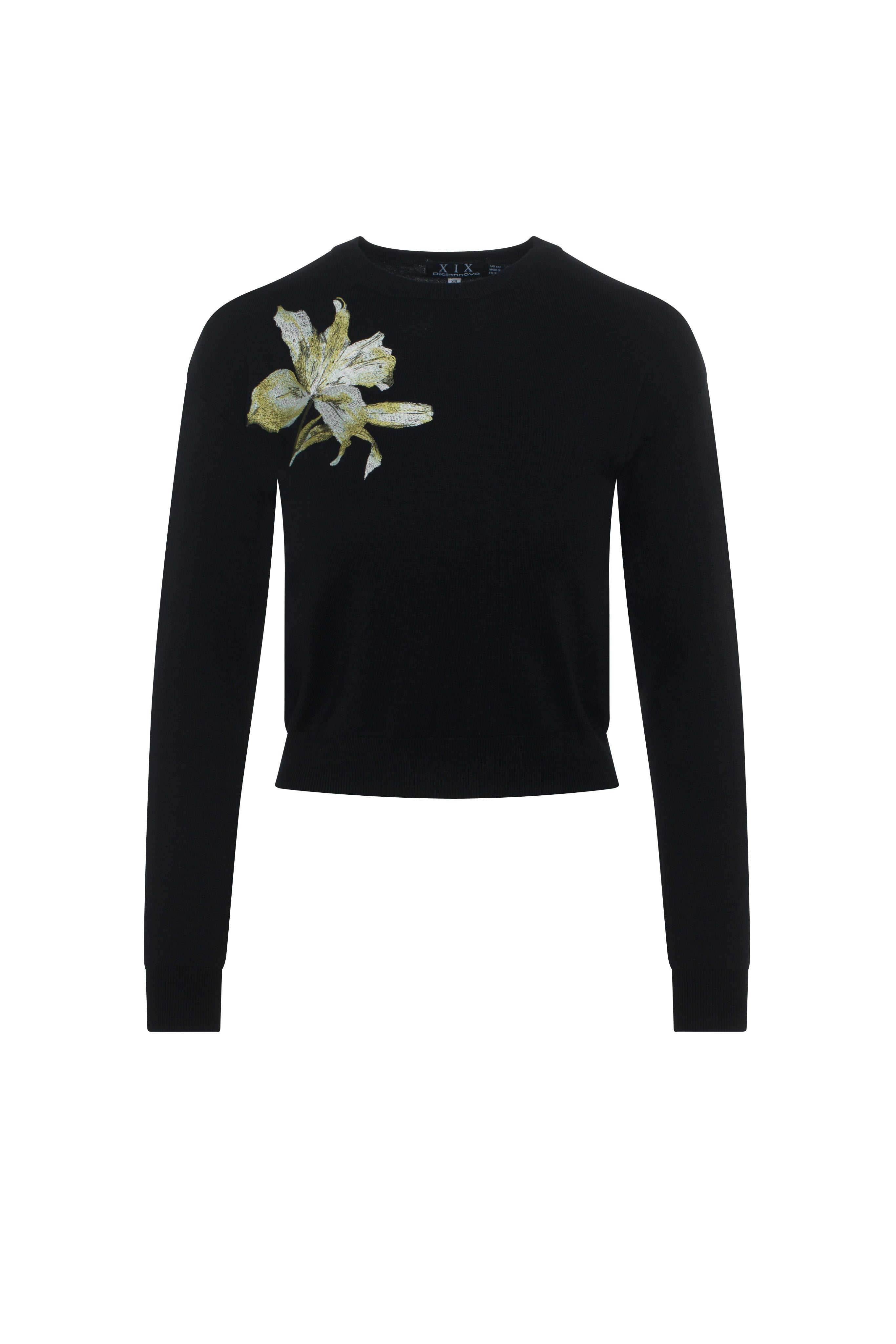 Crew Neck Floral Embroidery Sweater in Black Olive by Diciannove
