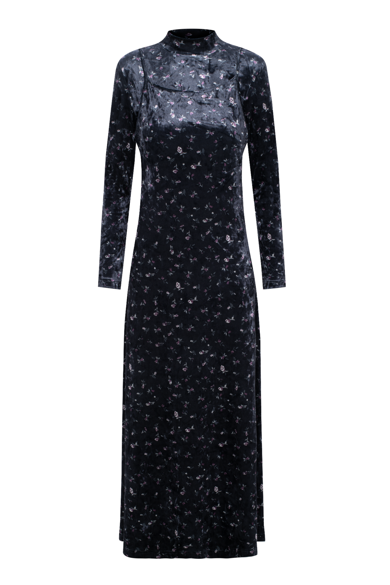 Printed Velour Maxi Jumper Mock Neck in Charcoal by Mademoiselle