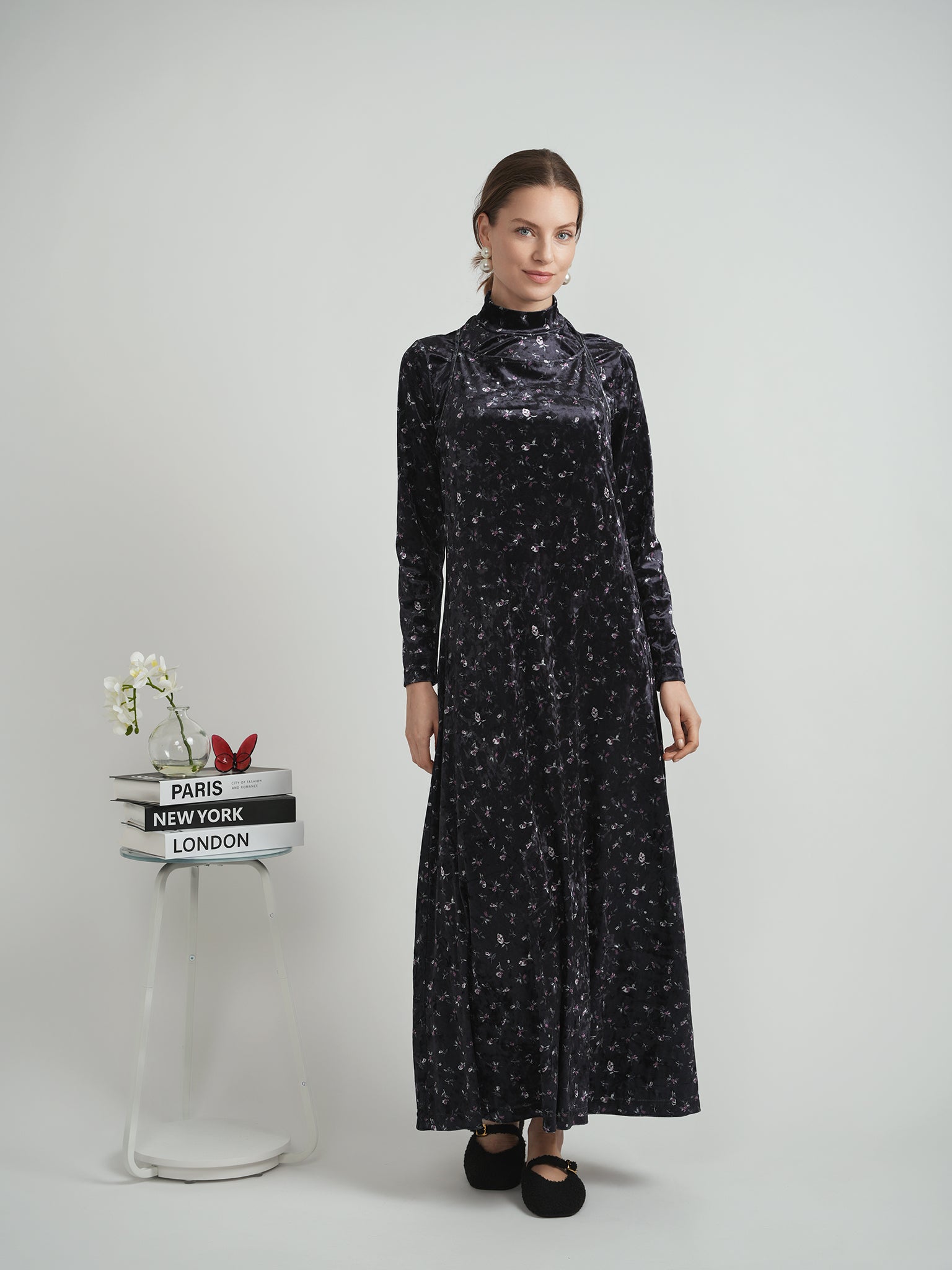 Printed Velour Maxi Jumper Mock Neck in by Mademoiselle