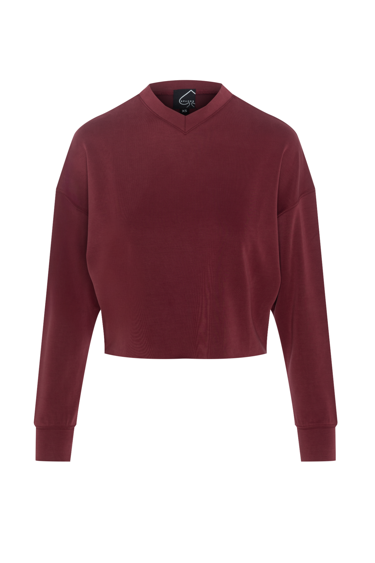 Ribbed V Neck Cropped Sweat Shirt in Burgundy by Spades