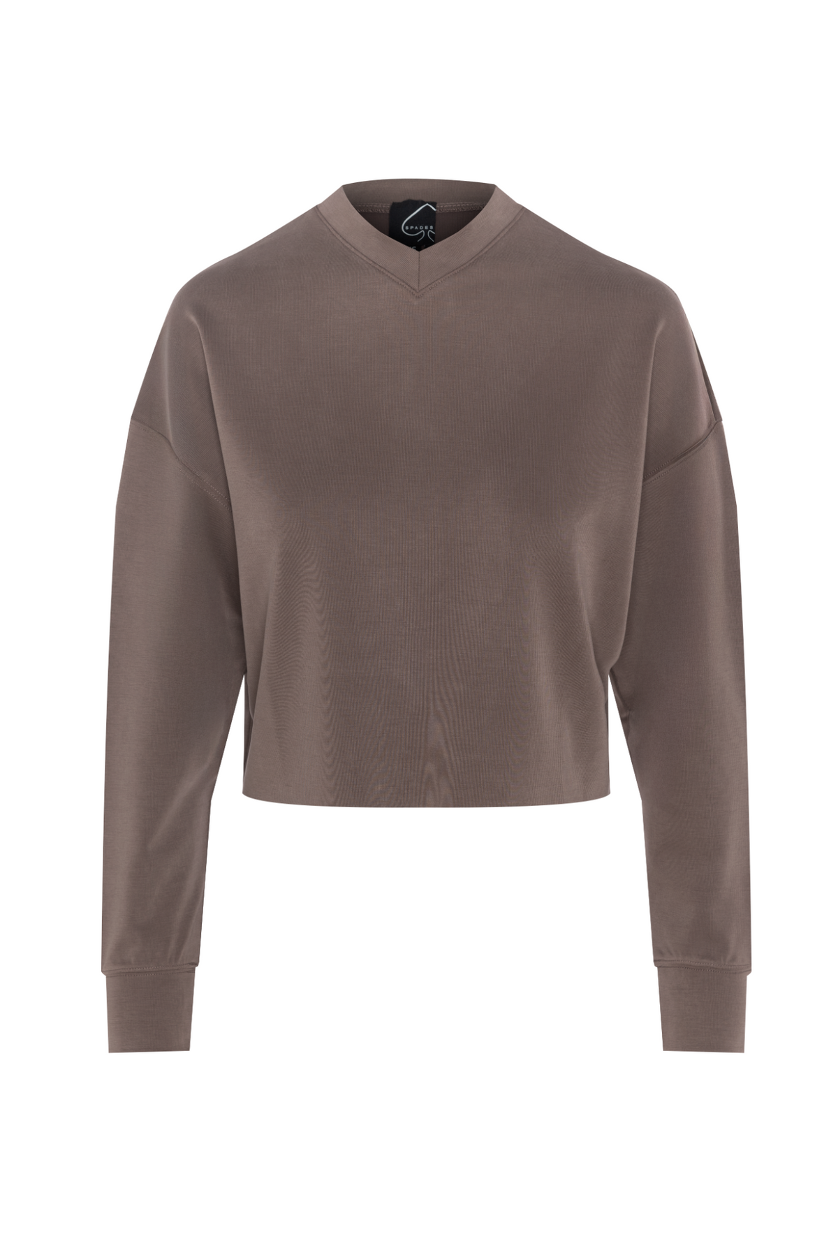 Ribbed V Neck Cropped Sweat Shirt in Mocha by Spades