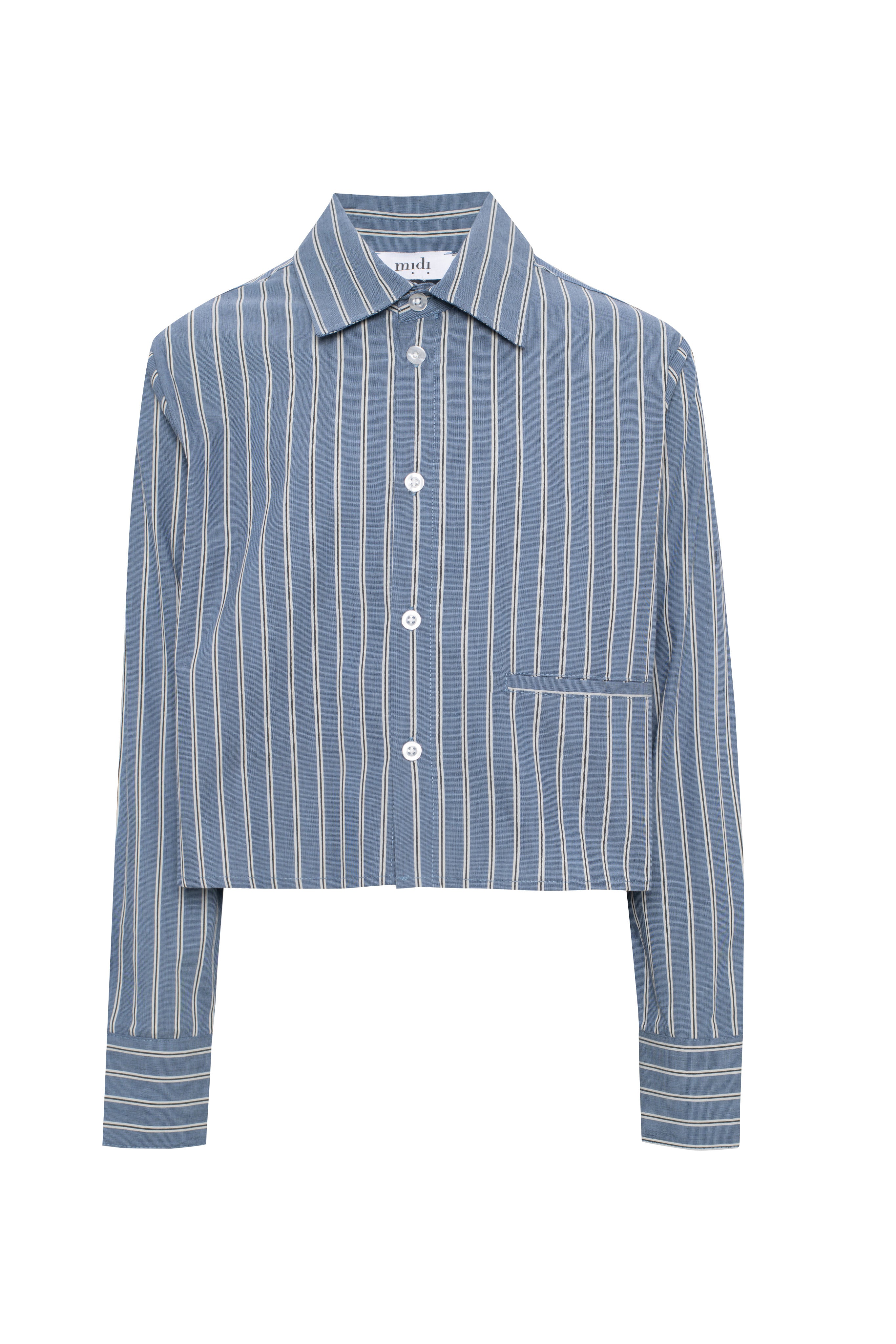 Cropped Stripped Button Down Blouse in Denim by Midi