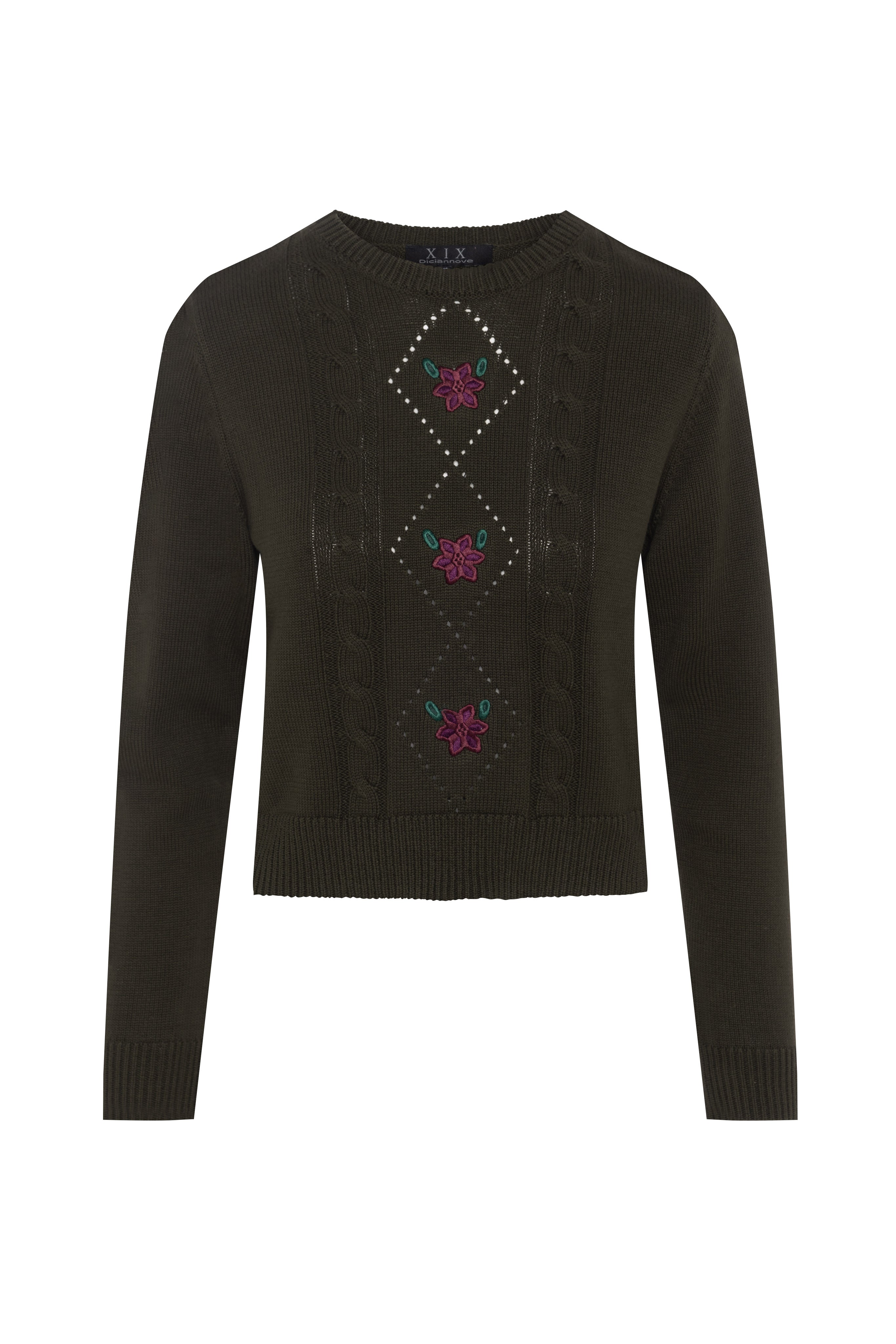 Cable Knit With Embroidery in Dark Olive by Diciannove