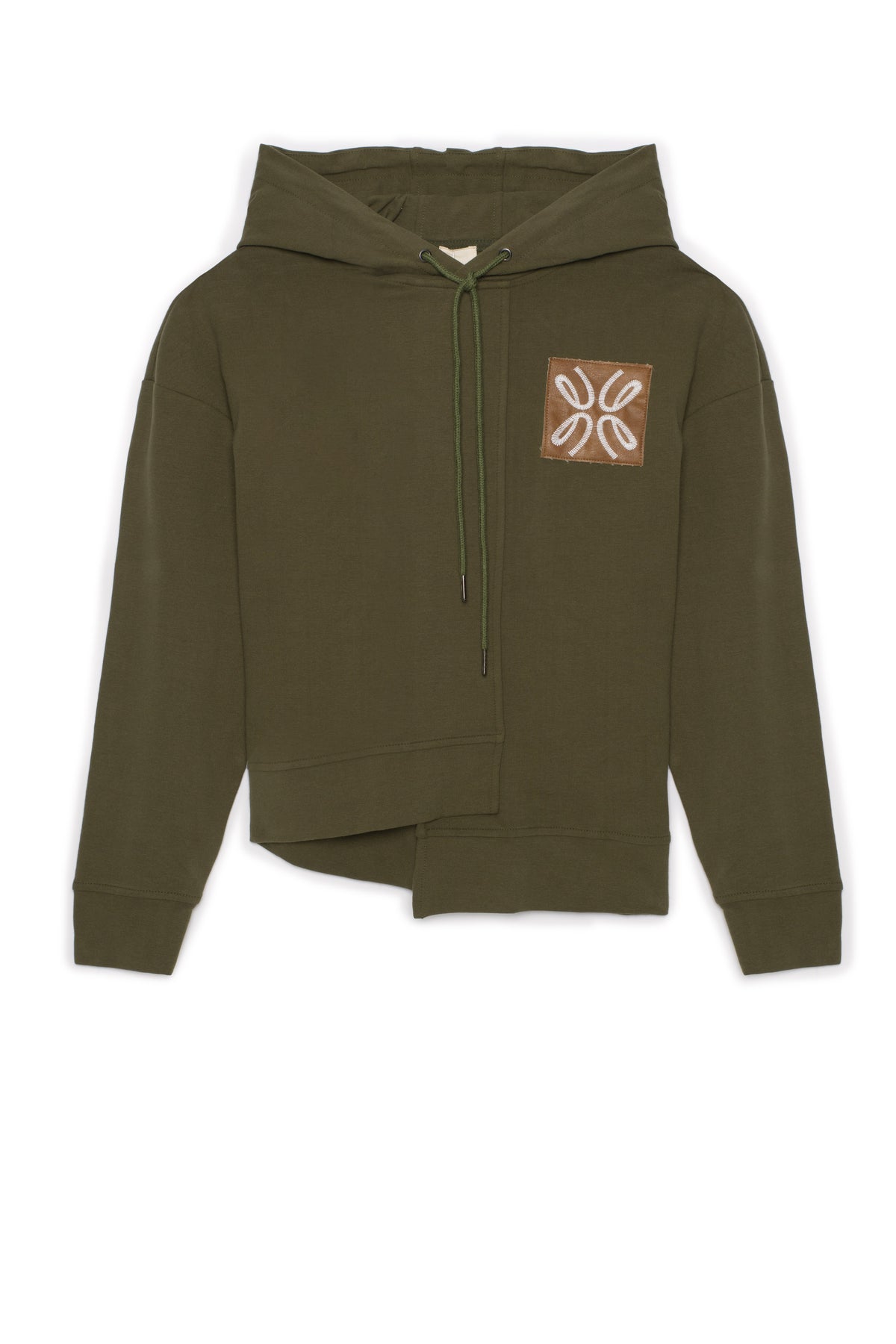 Asymmetrical French Fleece Hoodie in Dark Olive by Juli