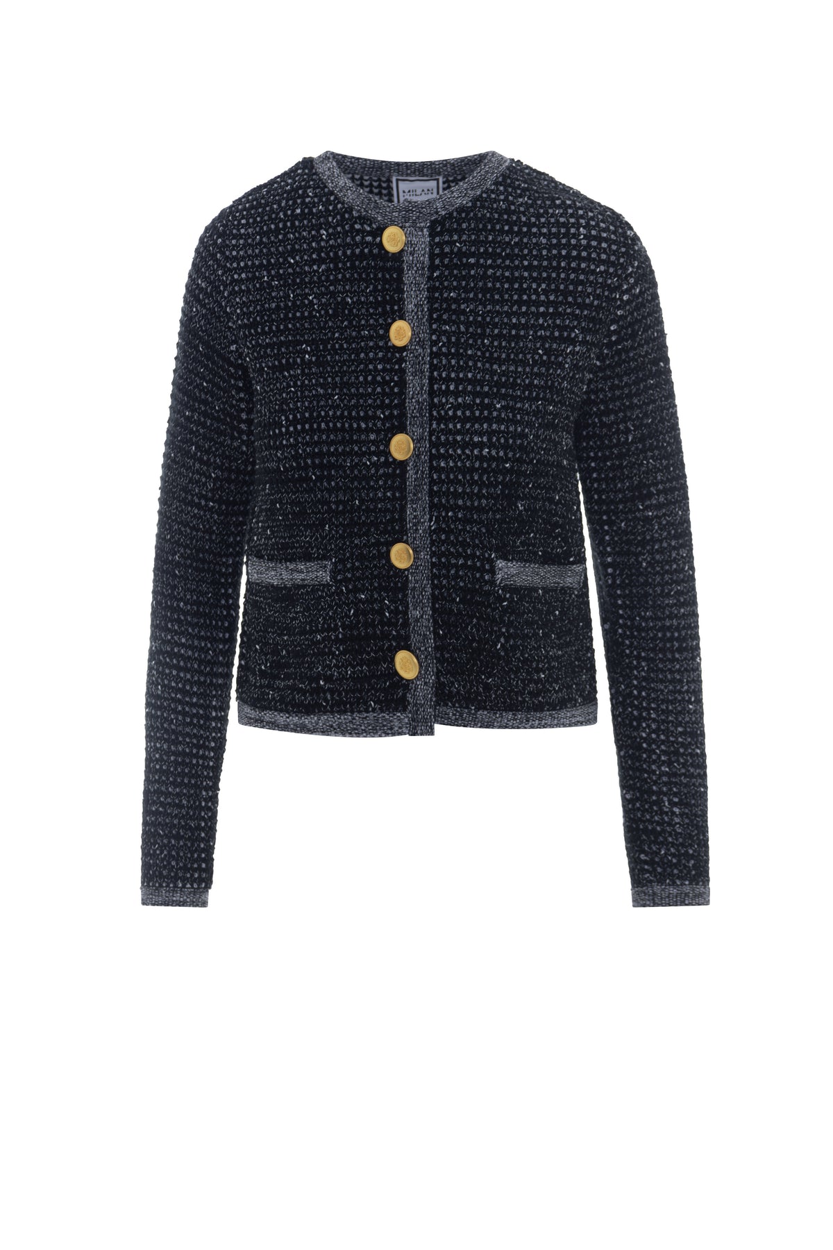 Boucle Knit Cardigan in Heather Black by Milan Italy