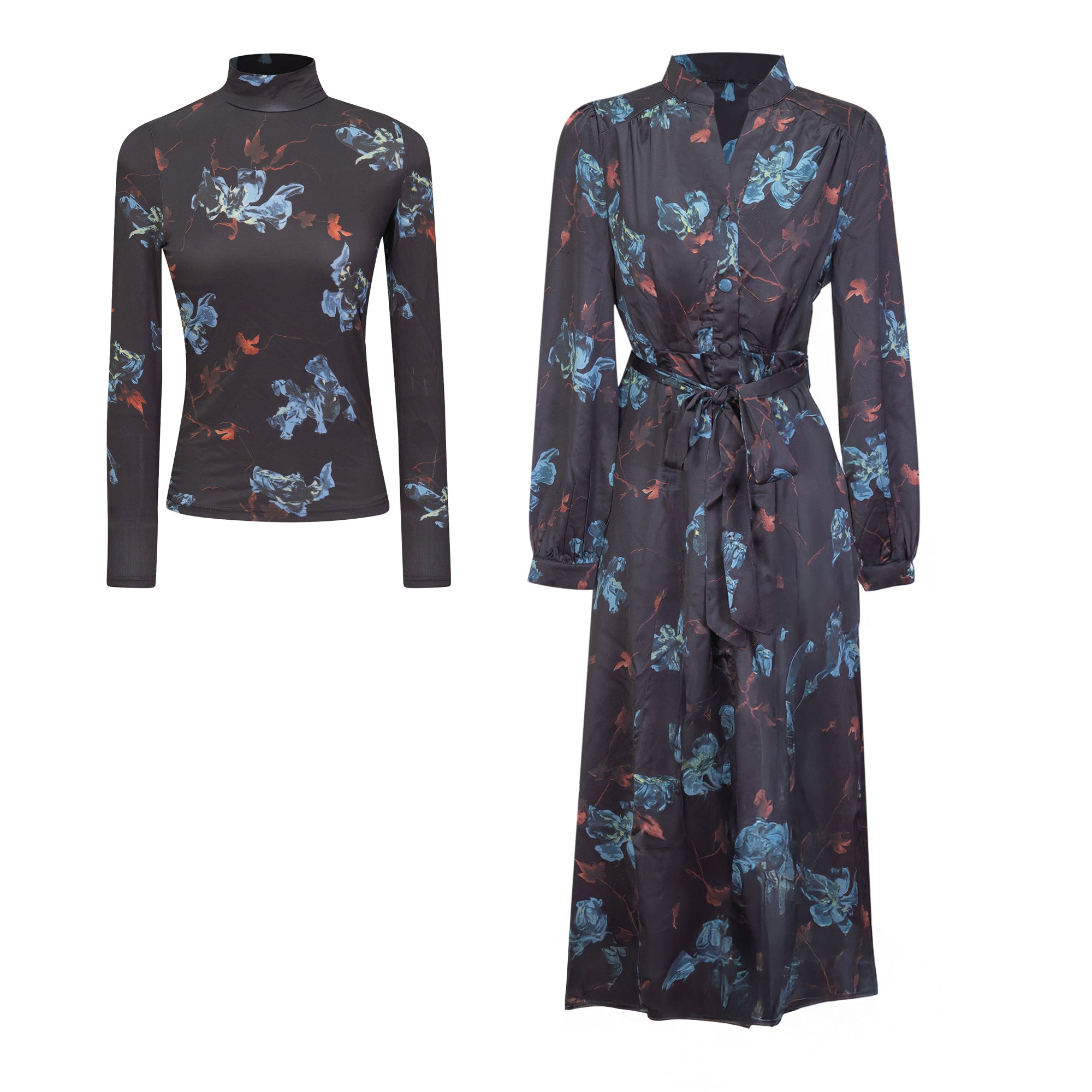 Printed Midi Dress Set in Black by The Norway Club