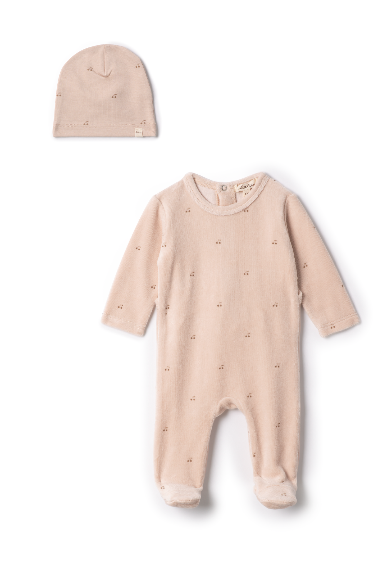 Cherry Print Velour Onesie in Linen by Lola
