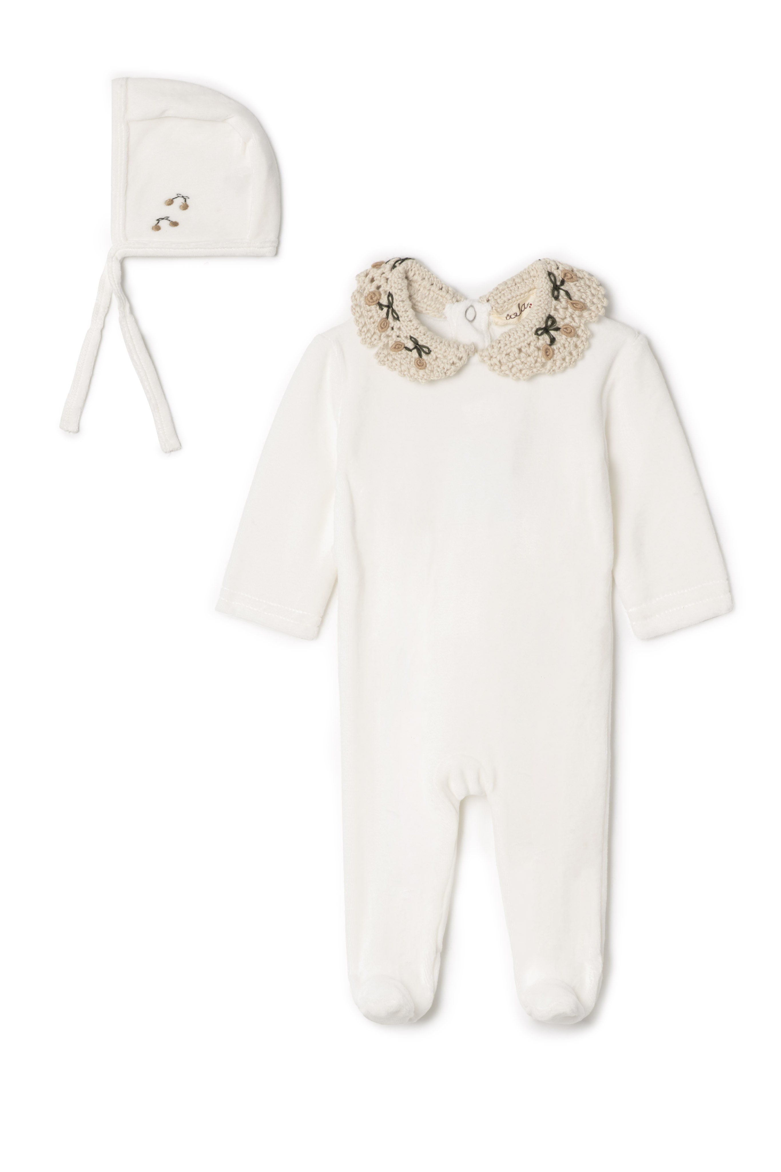 Velour Crocket Collar Onesie in Off White by Lola