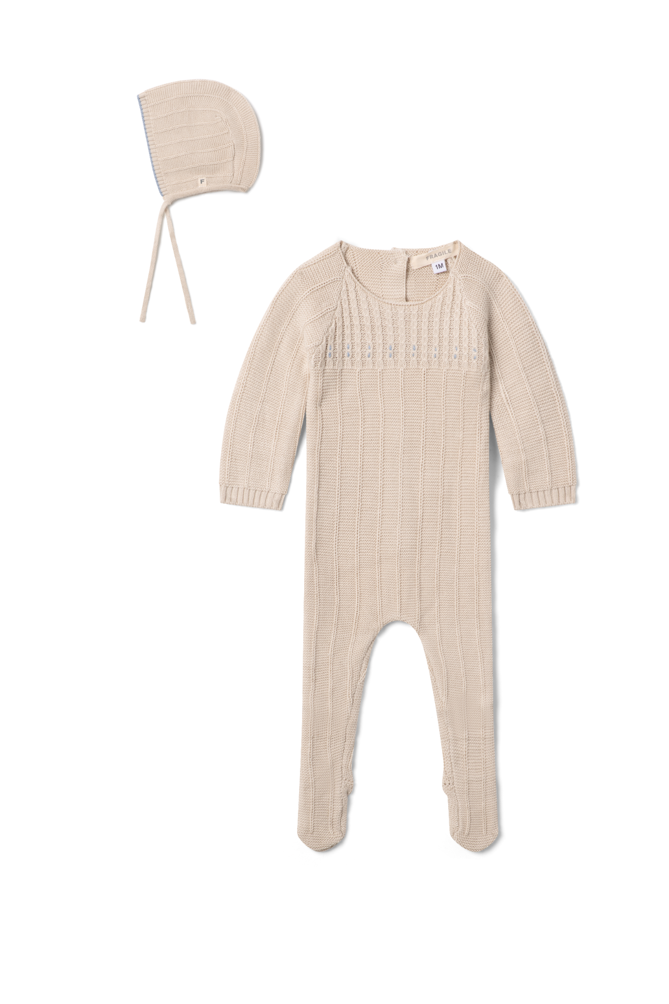 Cable Knit Onesie and Bonnet in Sand Blue by Fragile