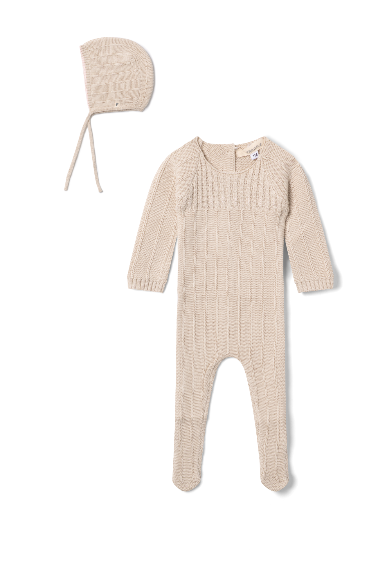 Cable Knit Onesie and Bonnet in Sand Pink by Fragile
