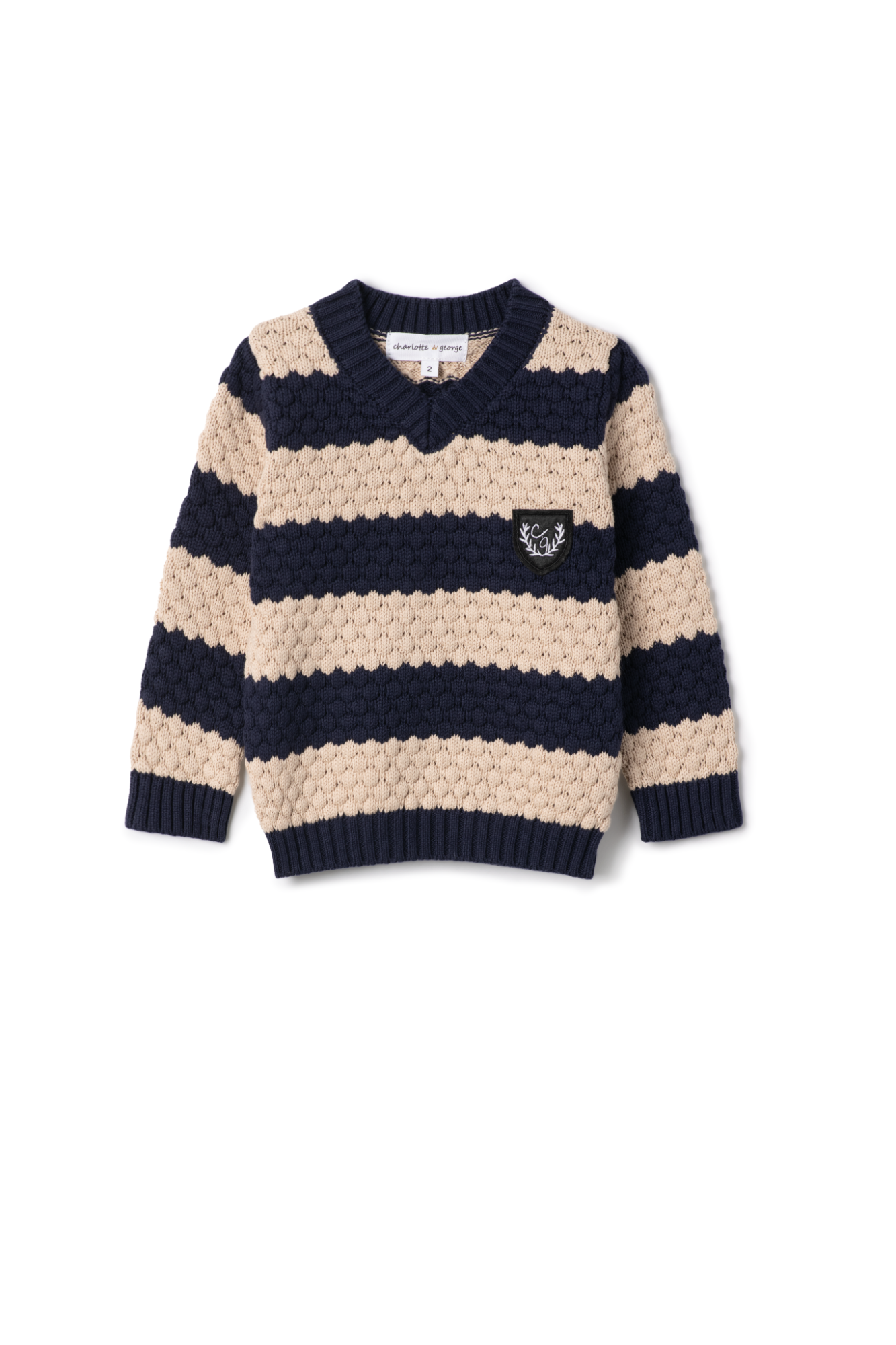 Striped Knit Vneck Sweater in Dark Navy Dark Almond by Charlotte & George