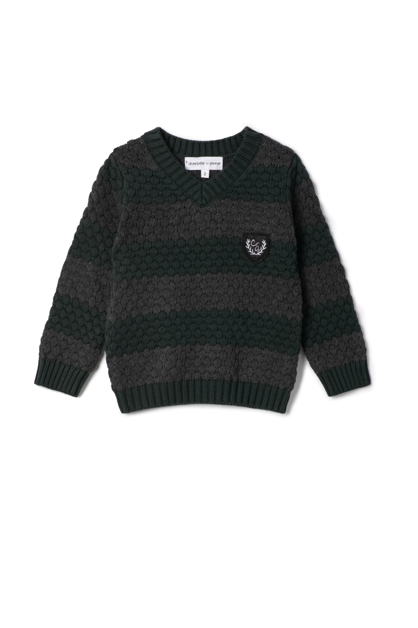 Striped Knit Vneck Sweater in Forest Charcoal by Charlotte & George
