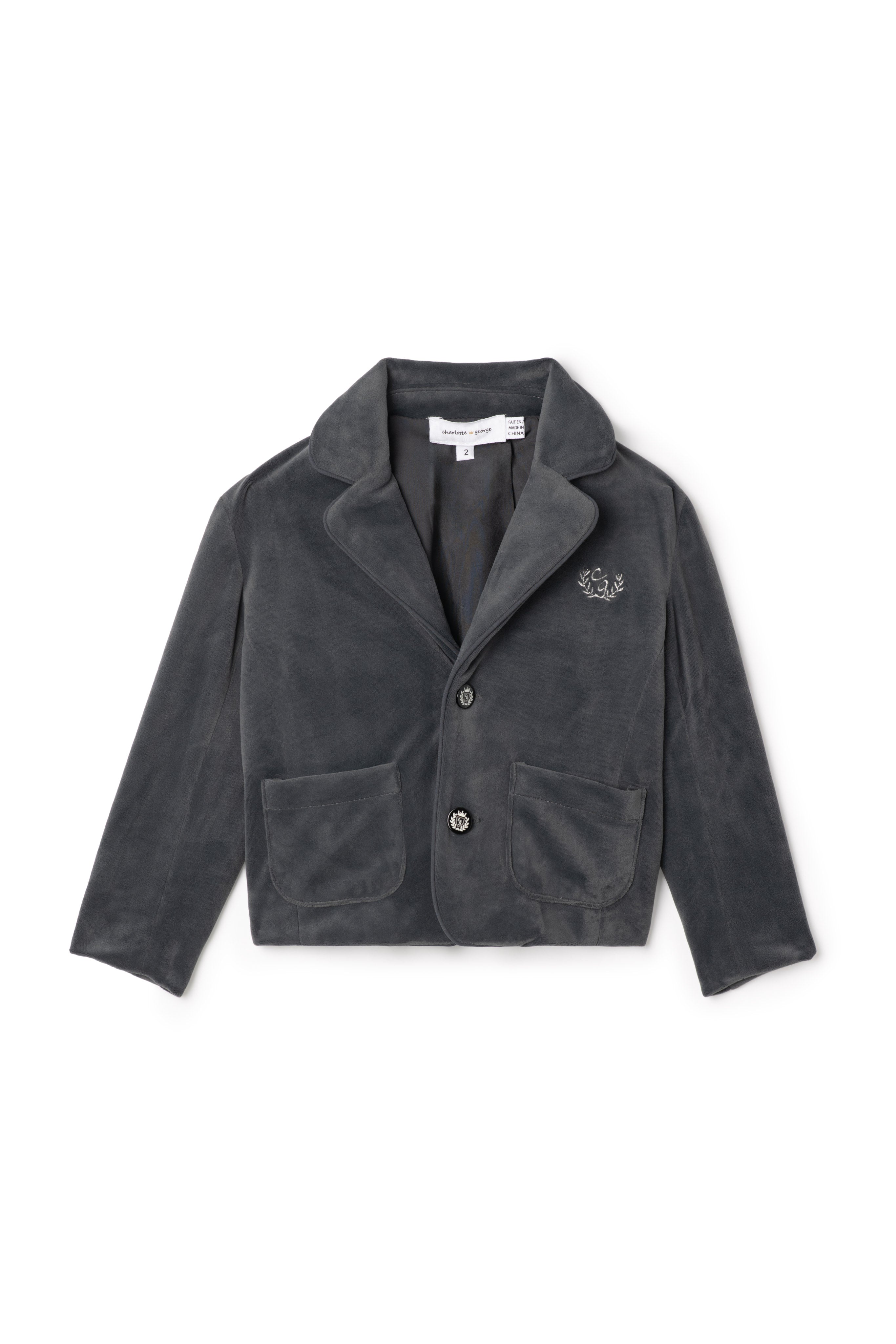 Crest Embroidered Jacket in Dark Grey by Charlotte & George