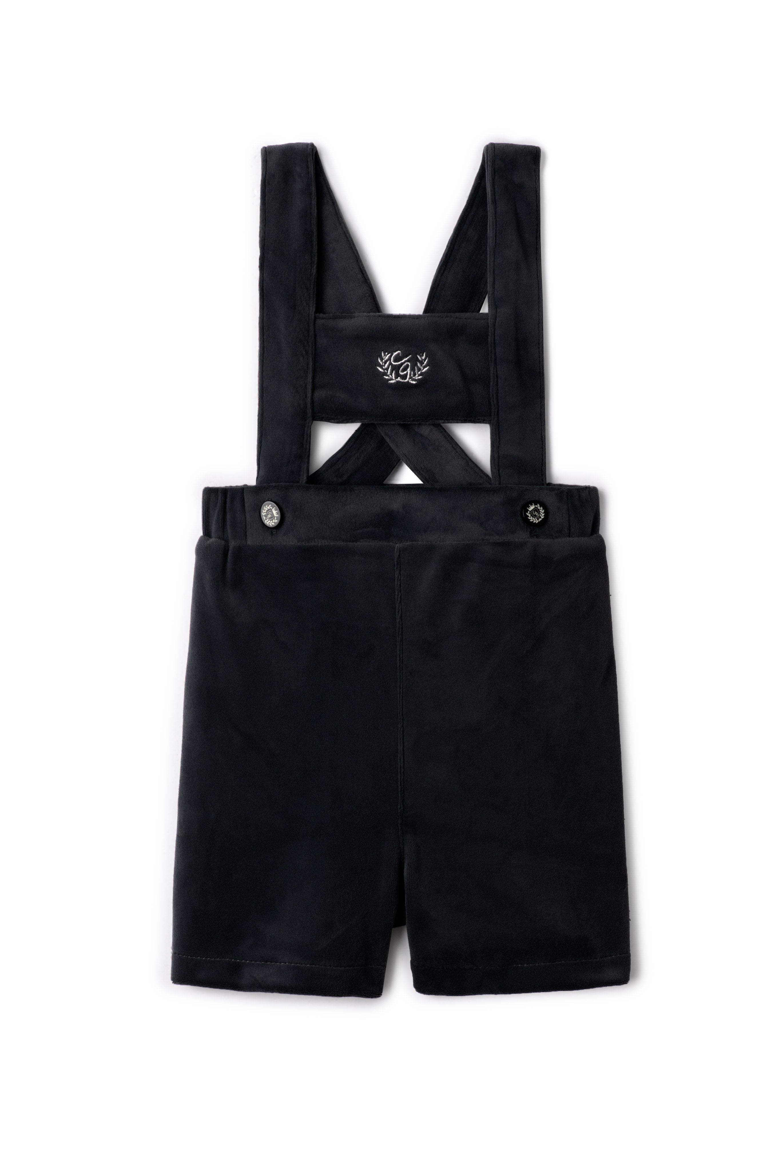 Crest Embroidery Shorts Overall in Black by Charlotte & George