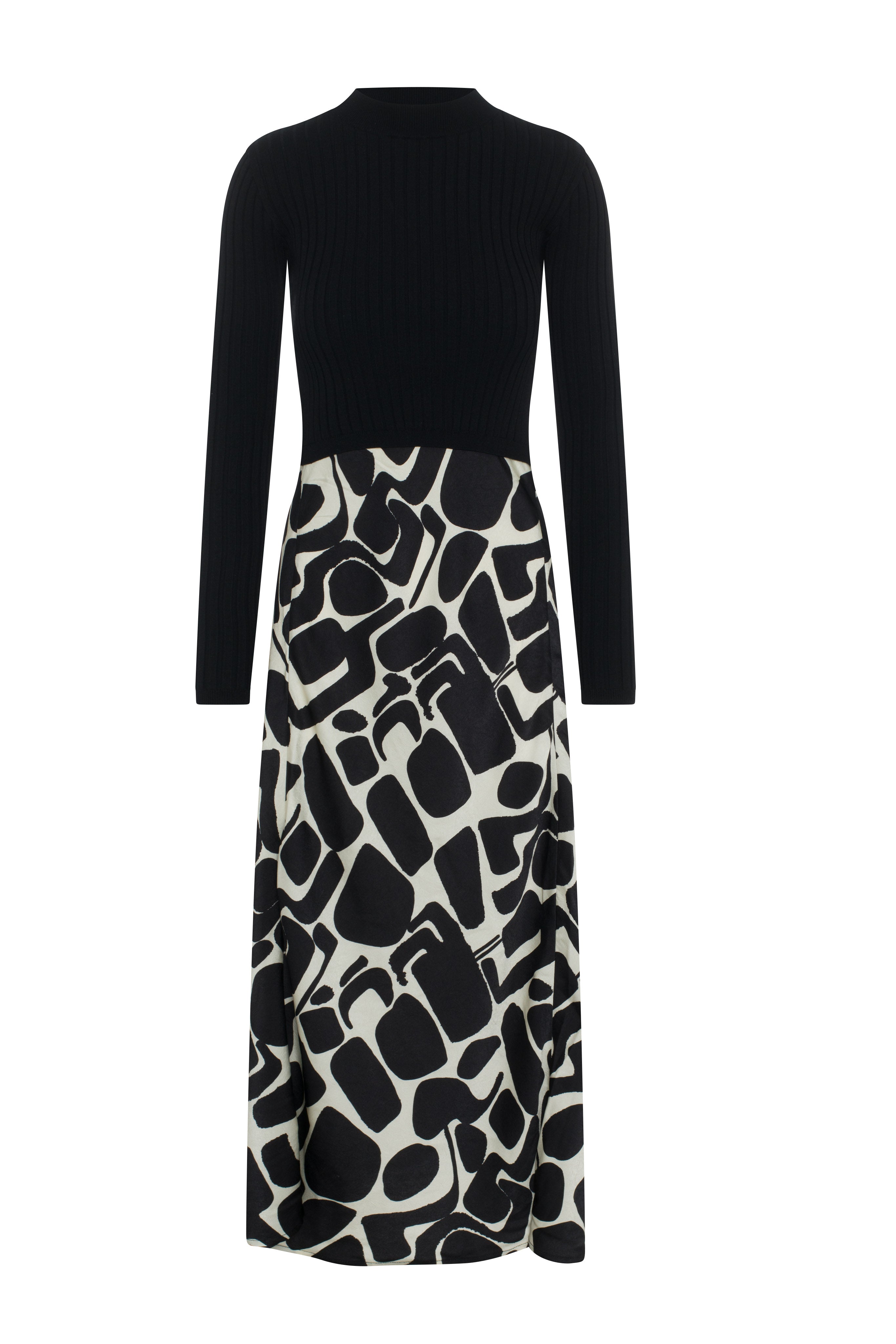 Mock Neck Midi Printed Dress in Black by Aspect