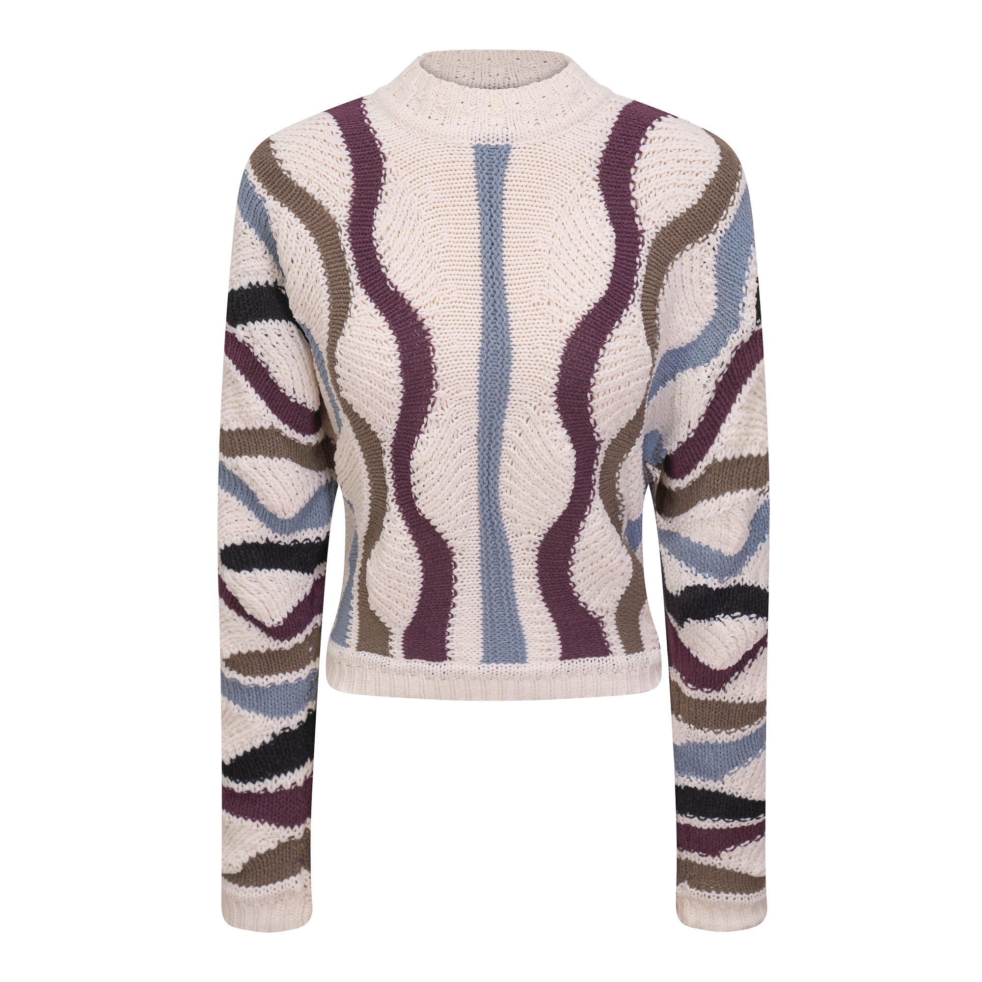 Color Blocked Knit Sweater in Cream Light Denim Wine by Aspect