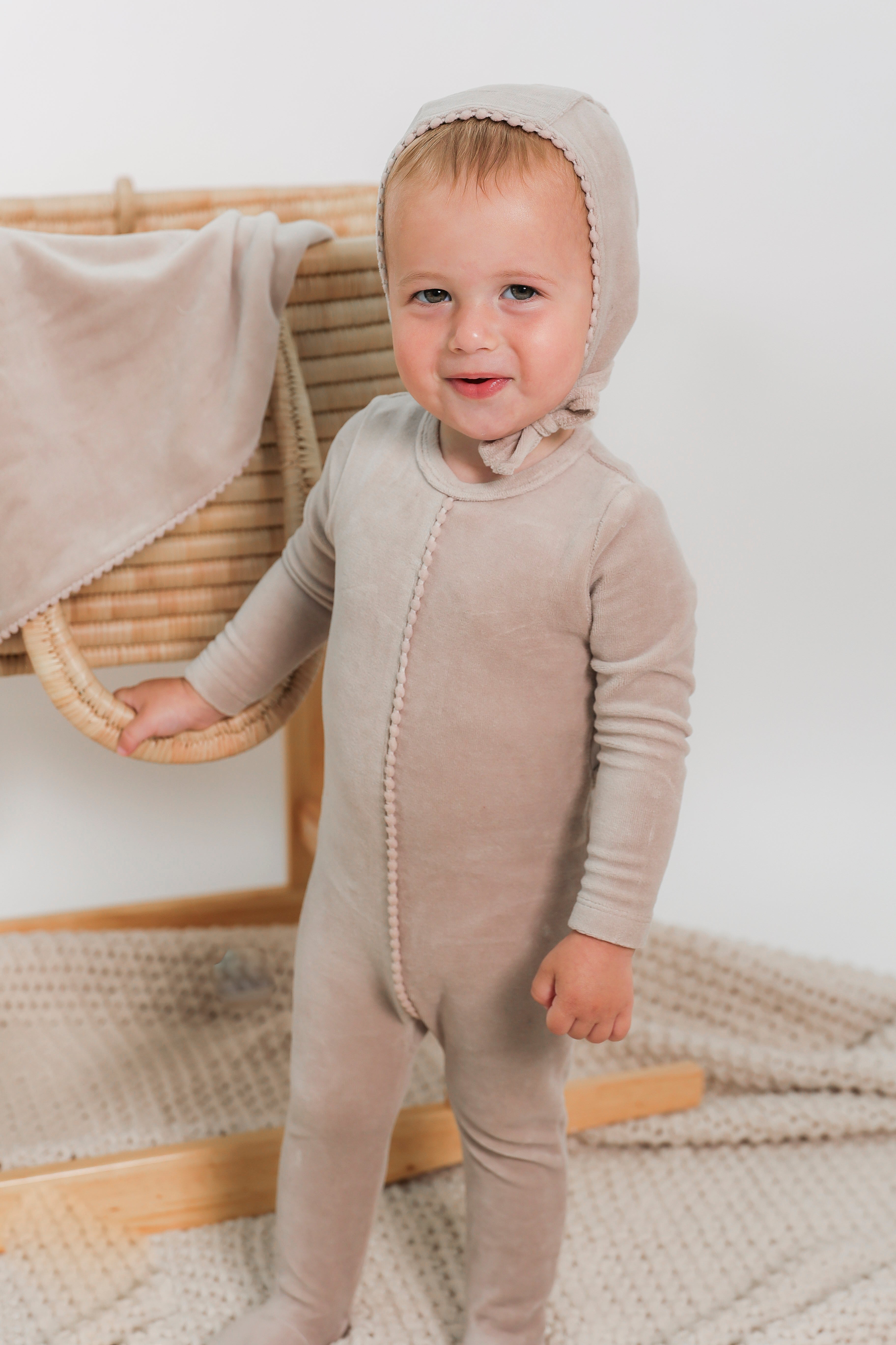 Velour Pompom Blanket in Beige One Size by Bebe Bella