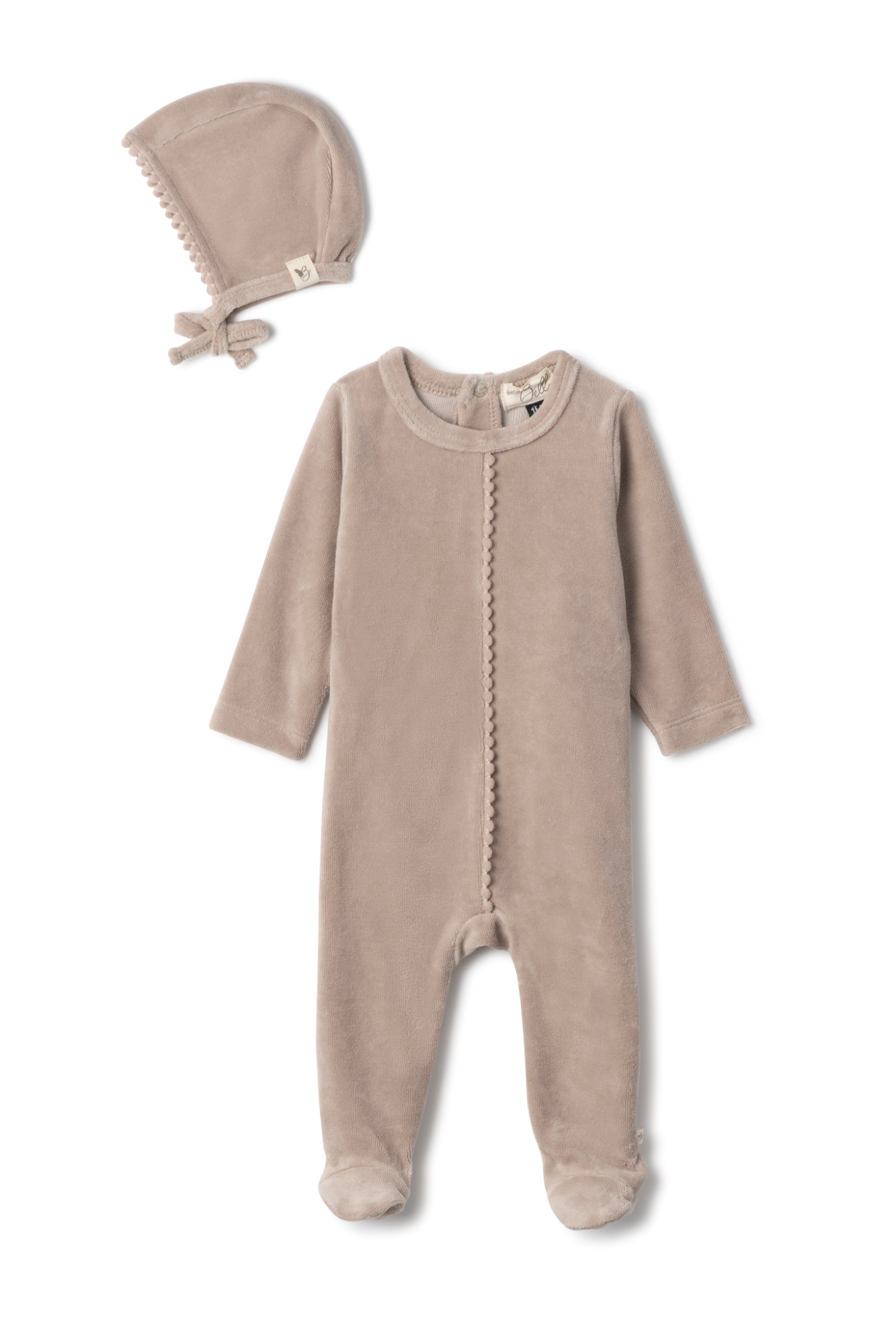 Velour Pompom Onesie in Bege by Bebe Bella