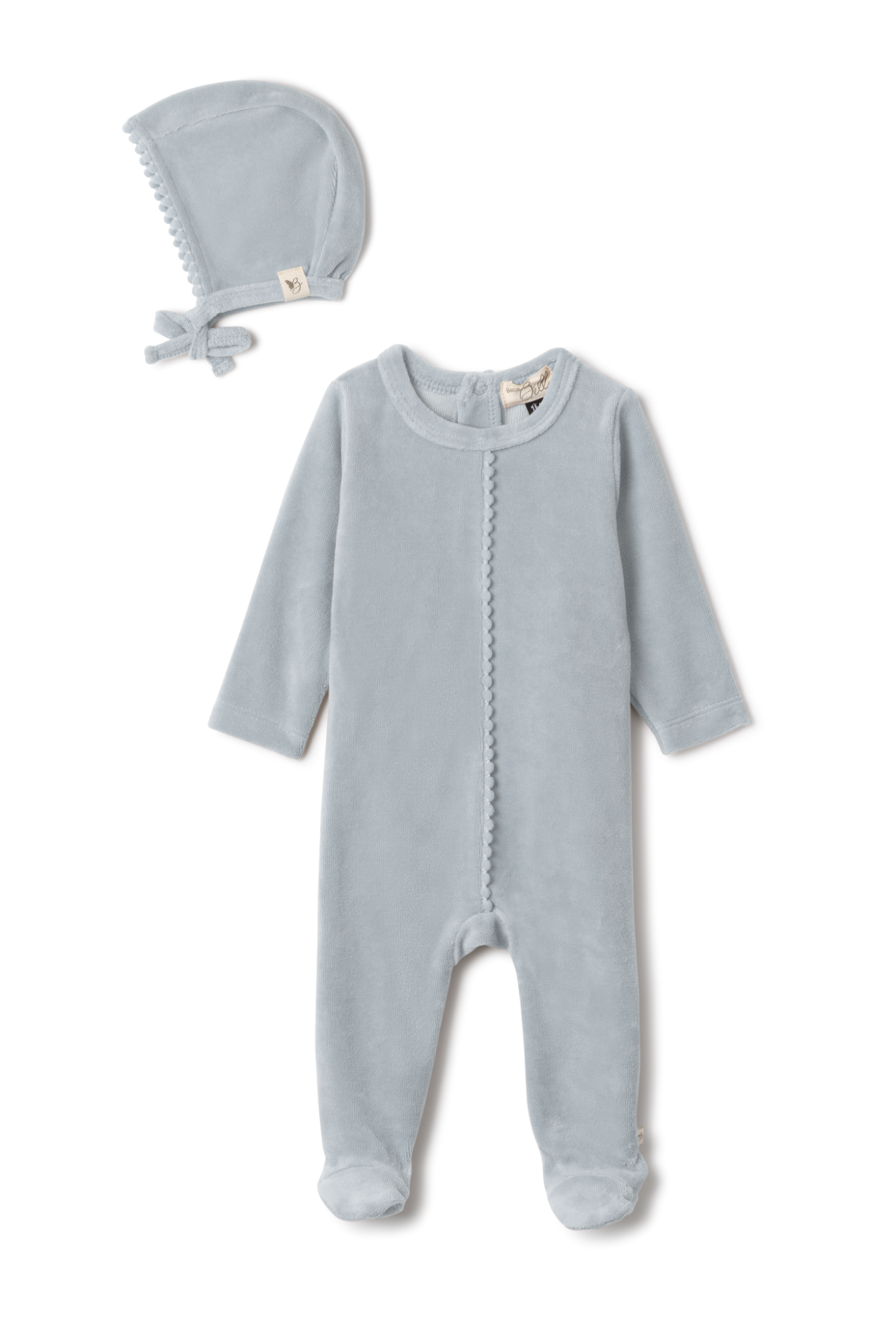 Velour Pompom Onesie in Blue by Bebe Bella