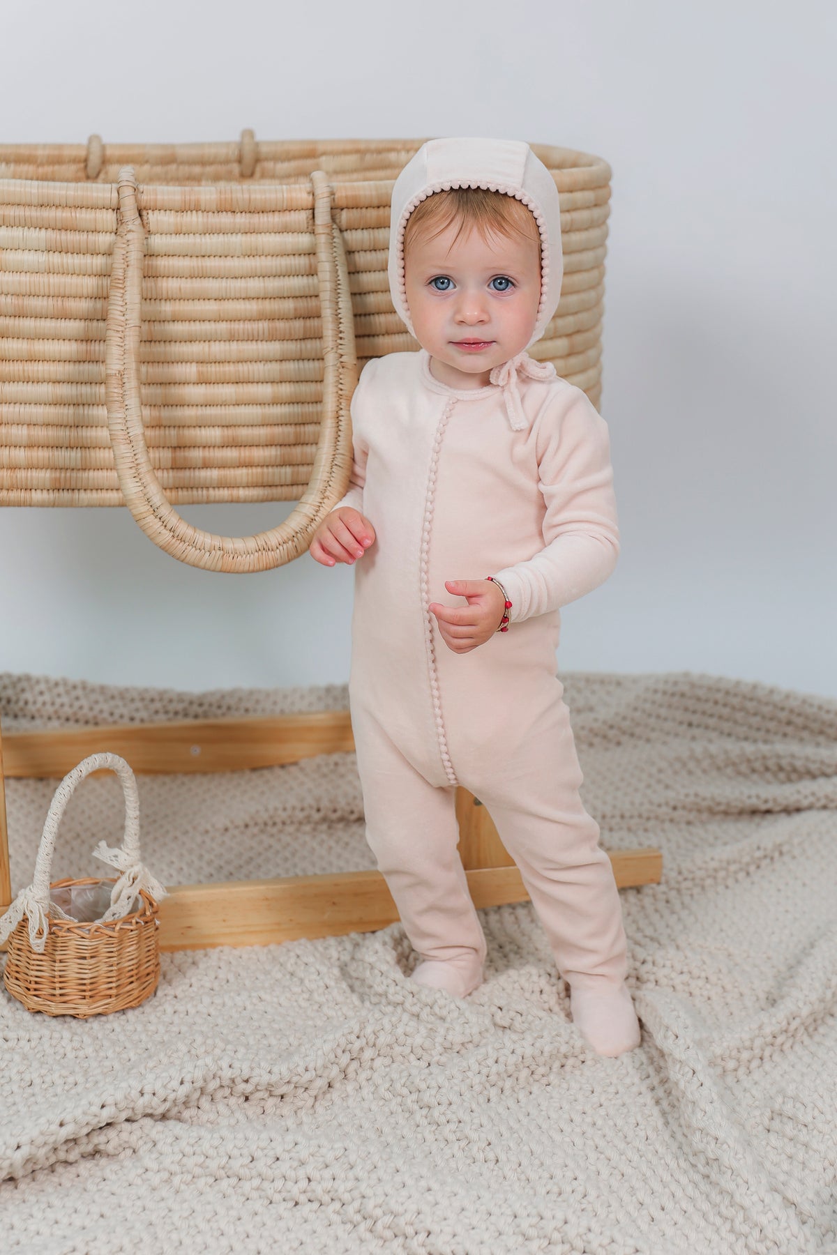 Velour Pompom Onesie in Bege by Bebe Bella