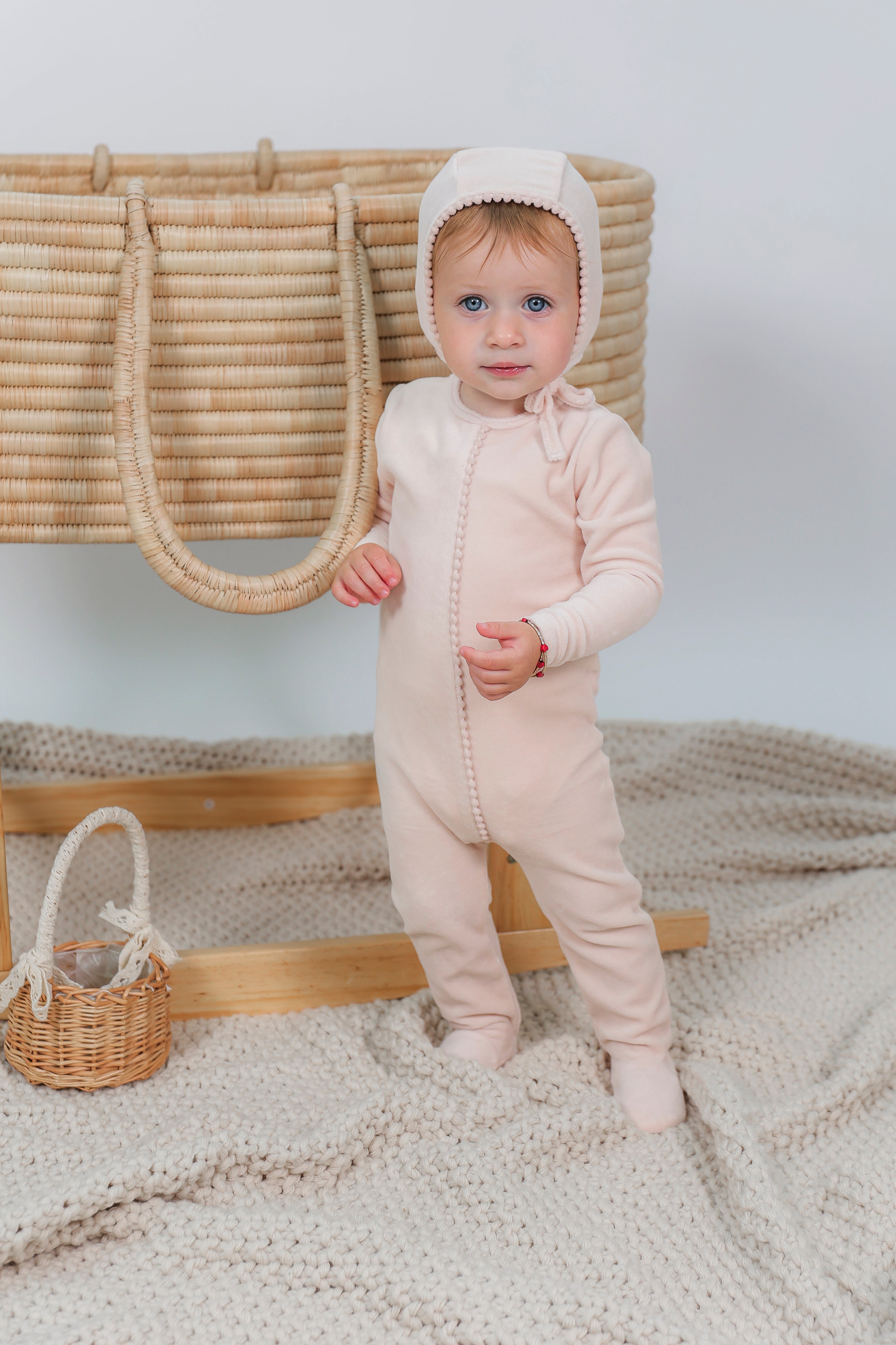 Velour Pompom Onesie in Blue by Bebe Bella