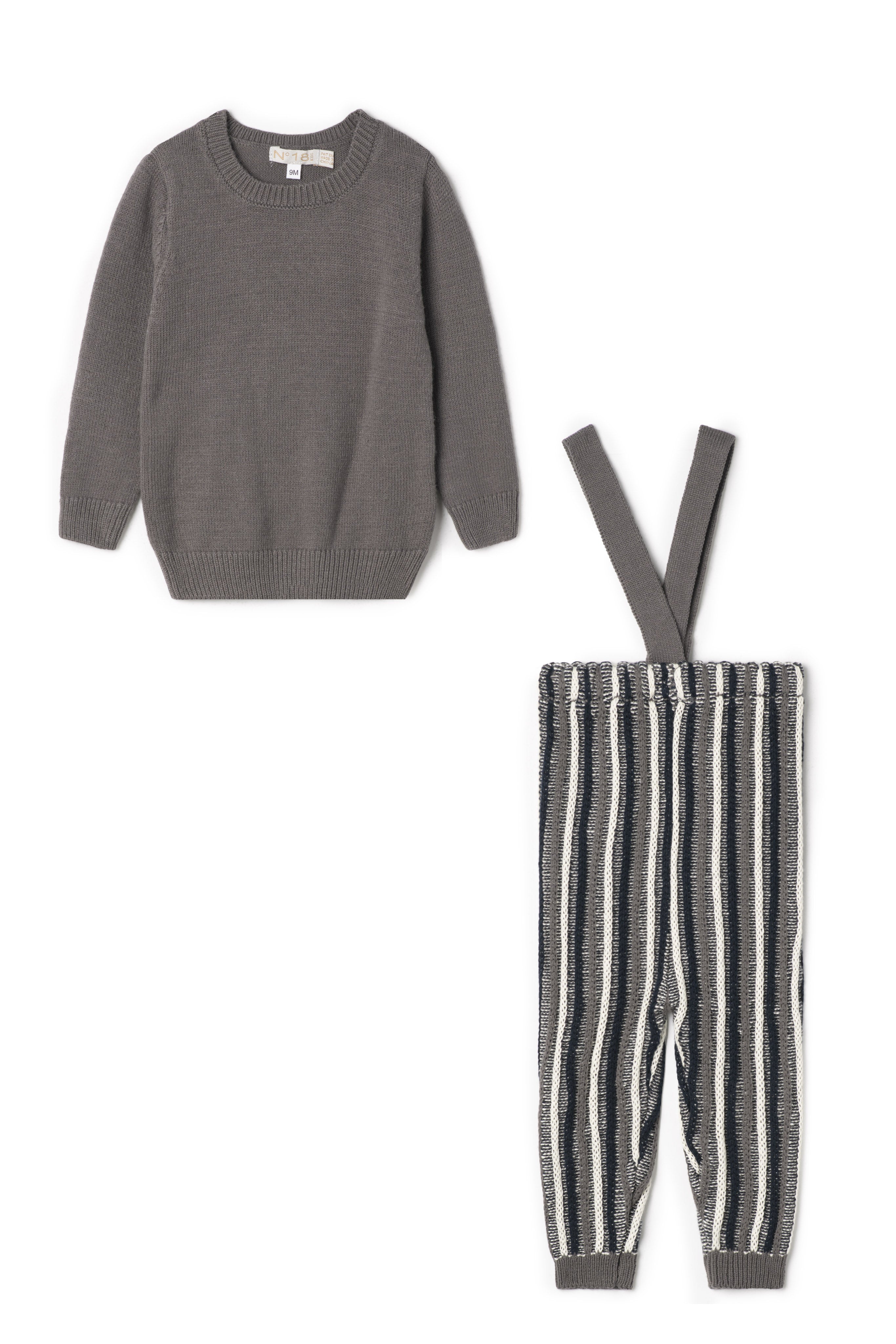 Stripped Overall Sweater Set in Grey by No18 Kids