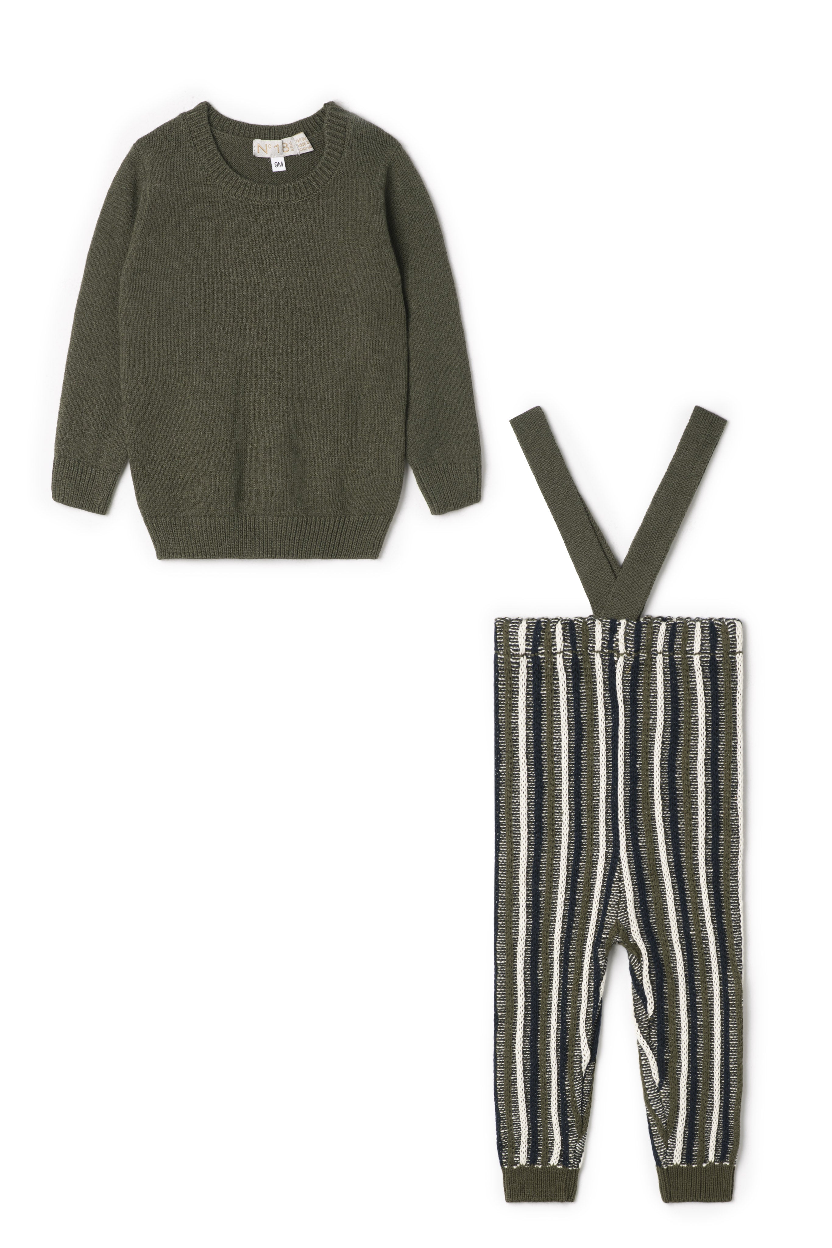 Stripped Overall Sweater Set in Olive by No18 Kids