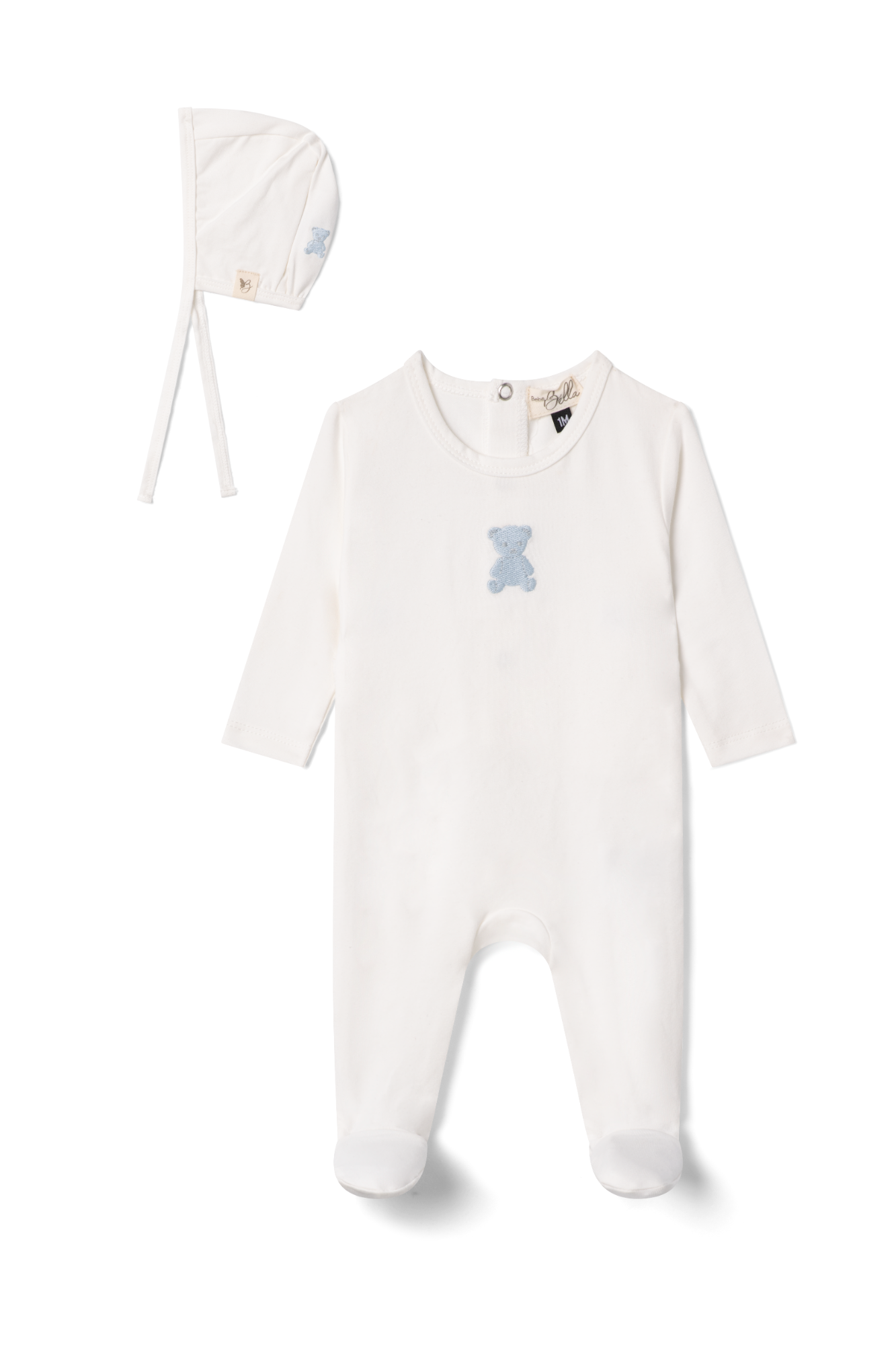 Bear Embroidered Onesie in White Blue by Bebe Bella