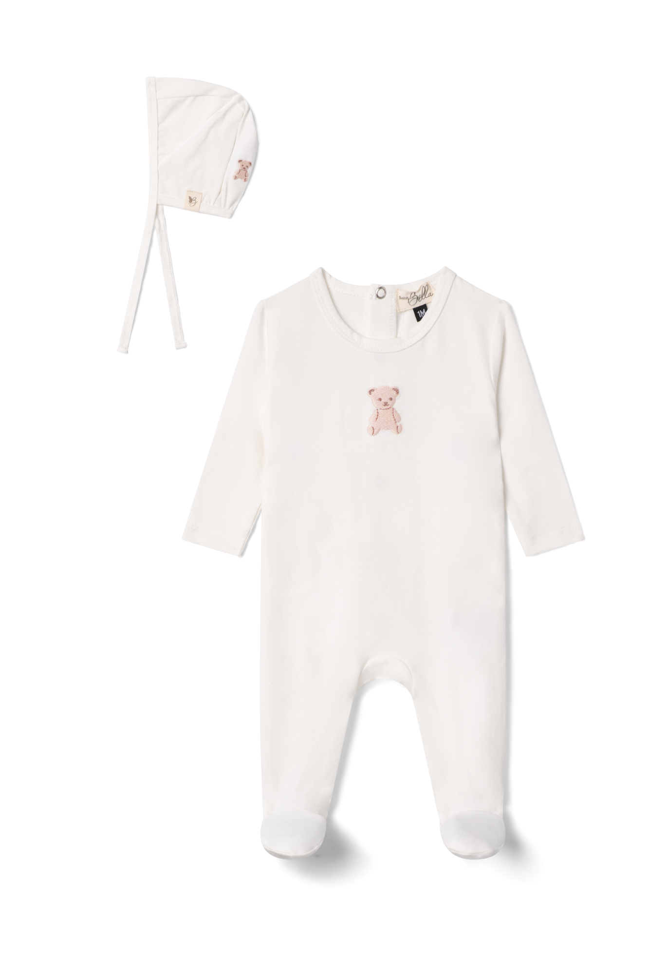 Bear Embroidered Onesie in White Pink by Bebe Bella
