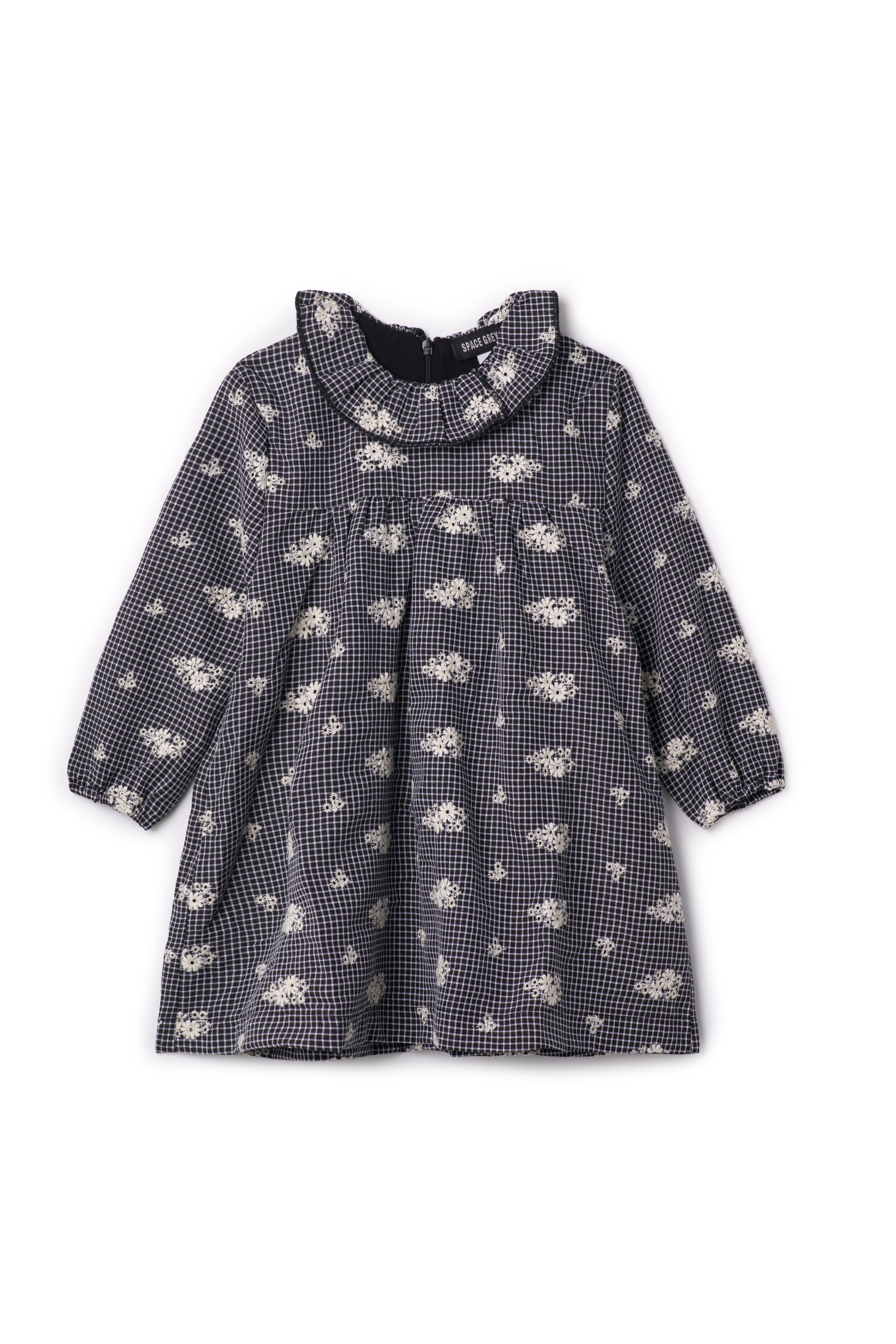 Checkered Embroidered Dress in Black by Space Grey