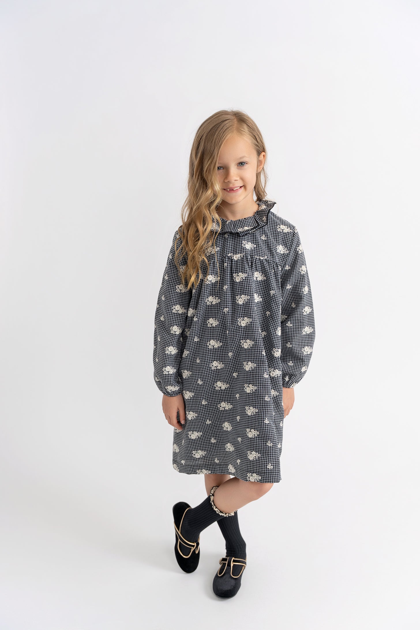 Checkered Embroidered Dress in by Space Grey