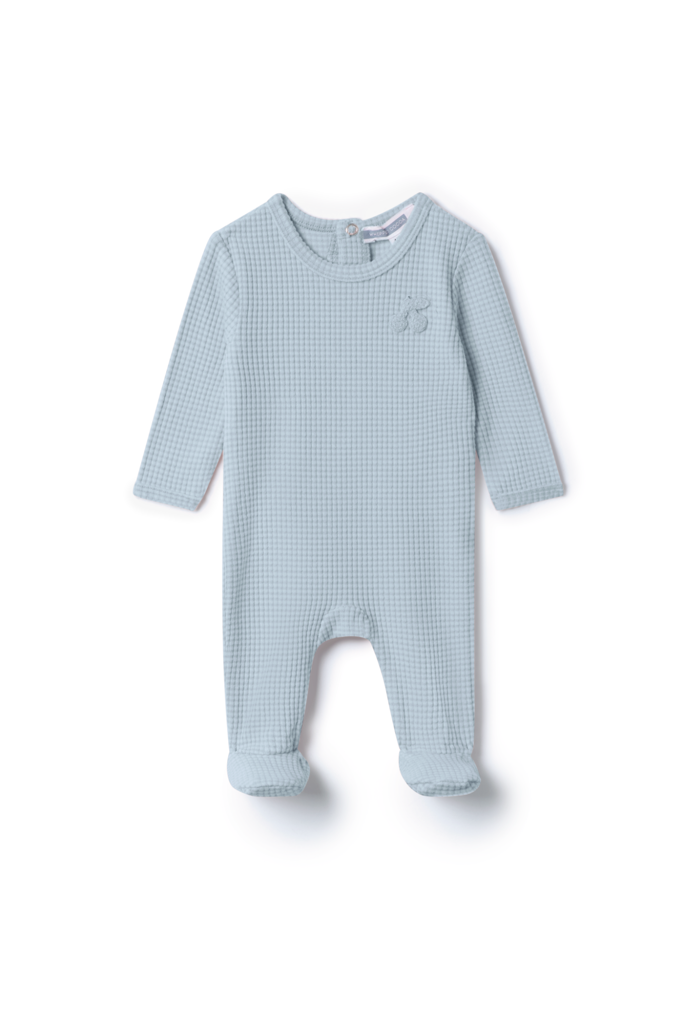 Stripped Hook Stitch Applique Onesie in Blue by Whipped Cocoa