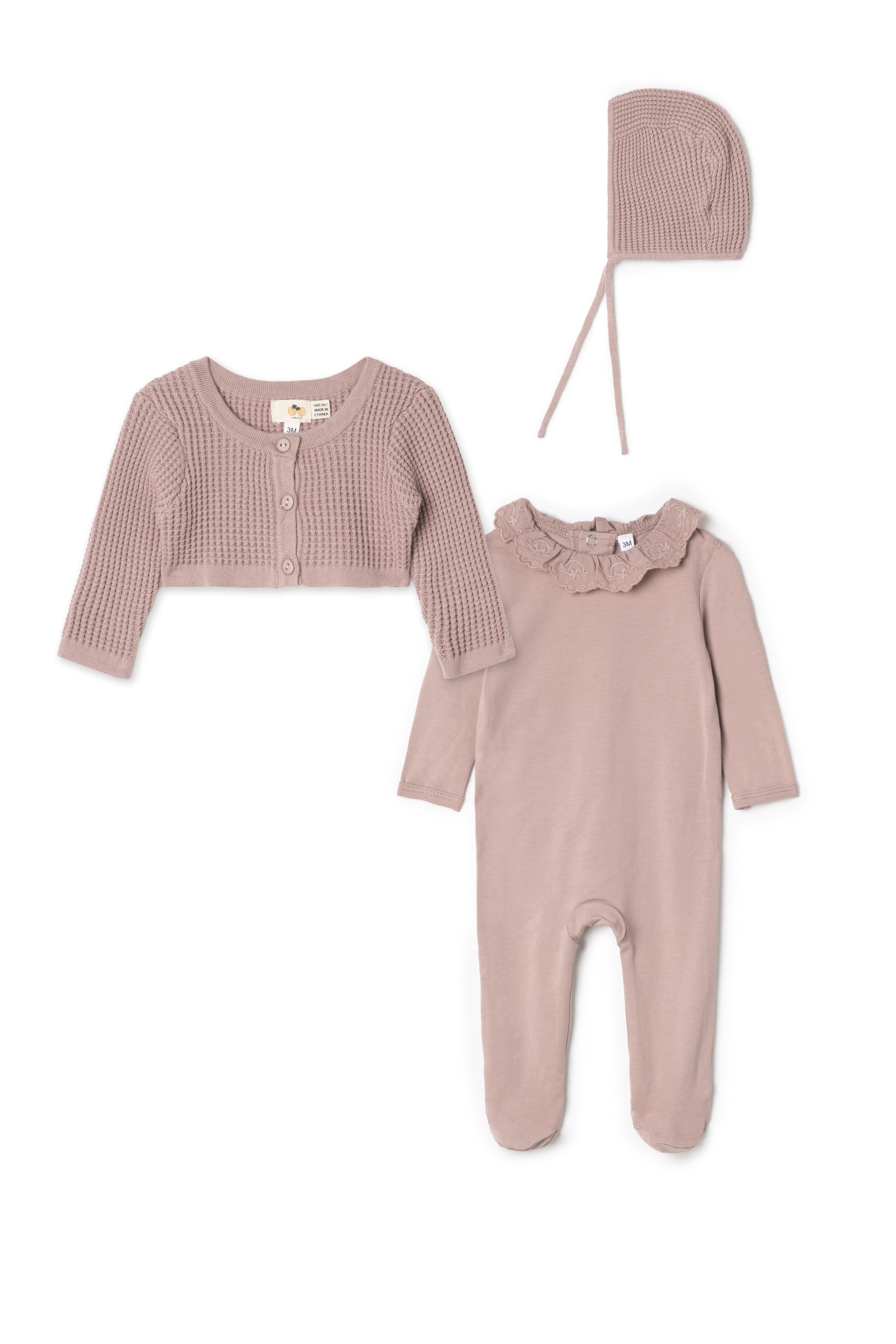 Waffle Knit Onesie Cardigan Set in by Apricot