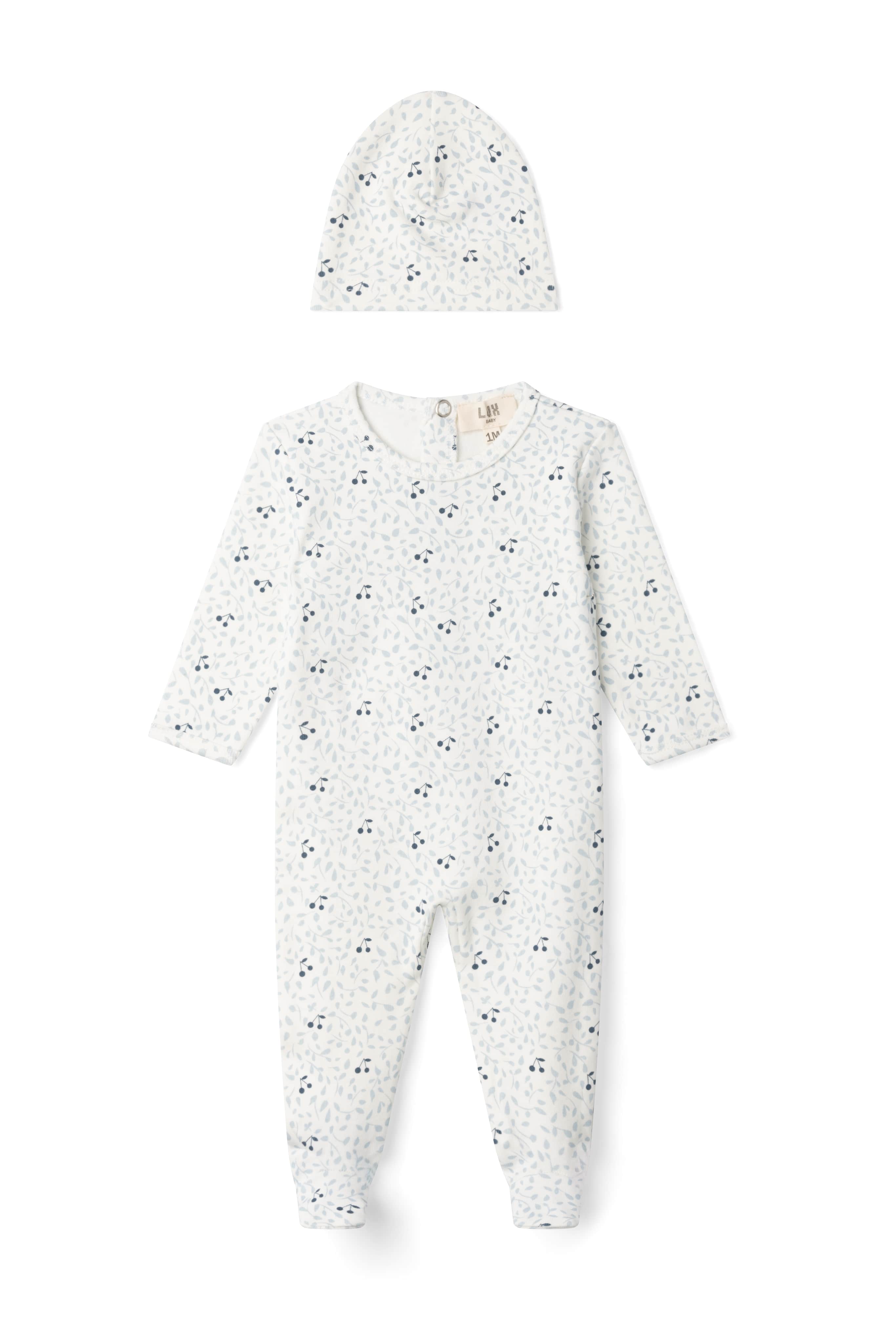 Branch and Cherry Print Onesie in Off White Blue by Lux Baby