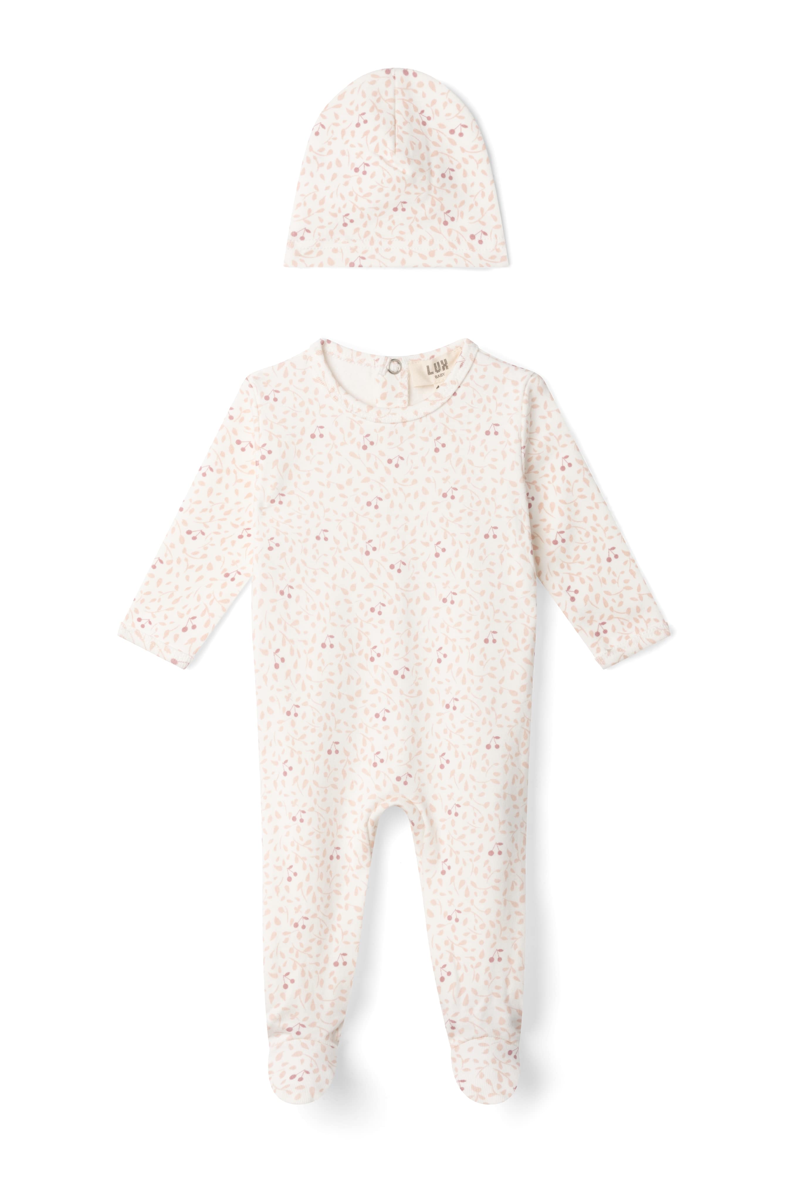 Branch and Cherry Print Onesie in Off White Pink by Lux Baby
