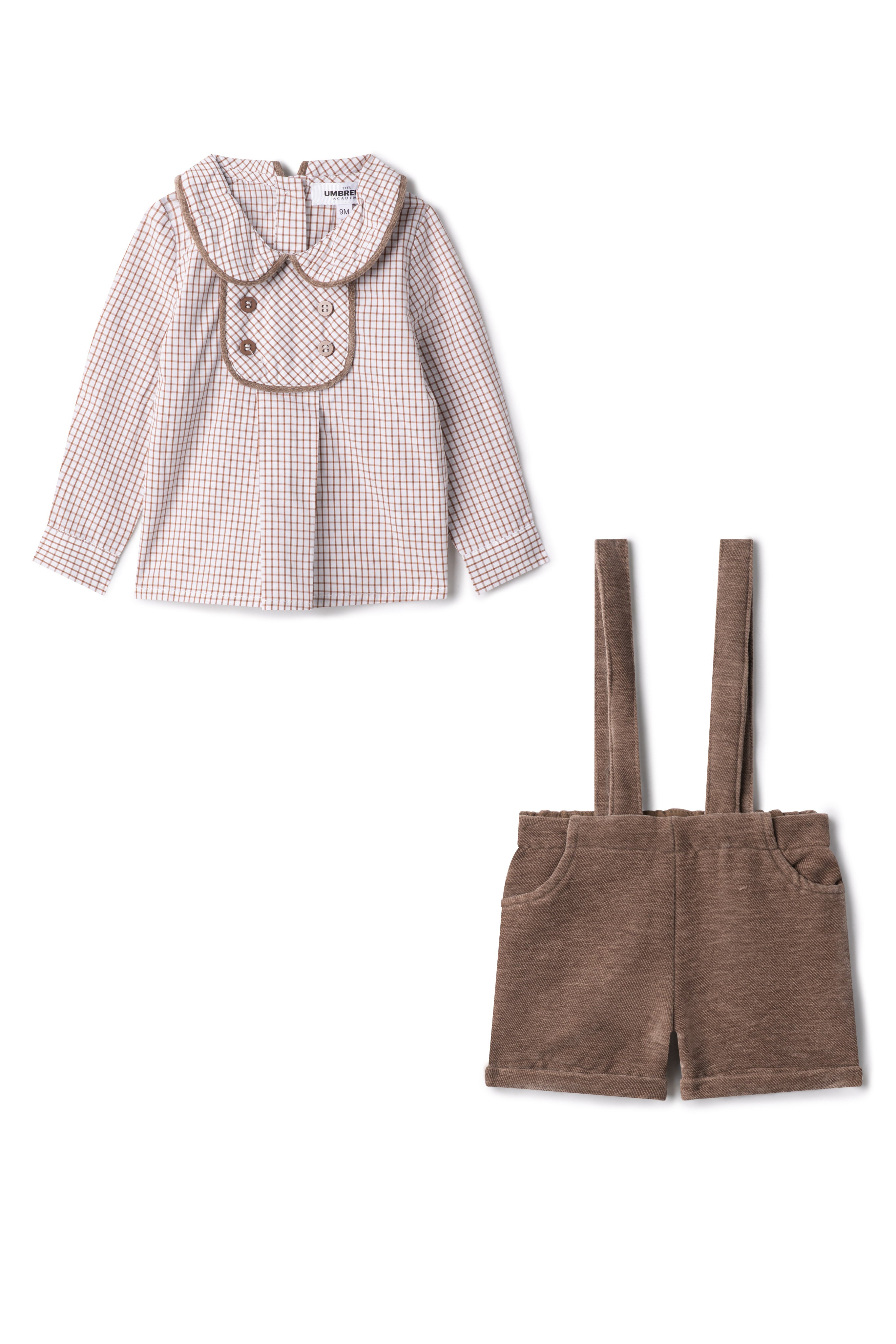 Velvet Checkered Shirt and Overall Set in Taupe by The Umbrella Academy