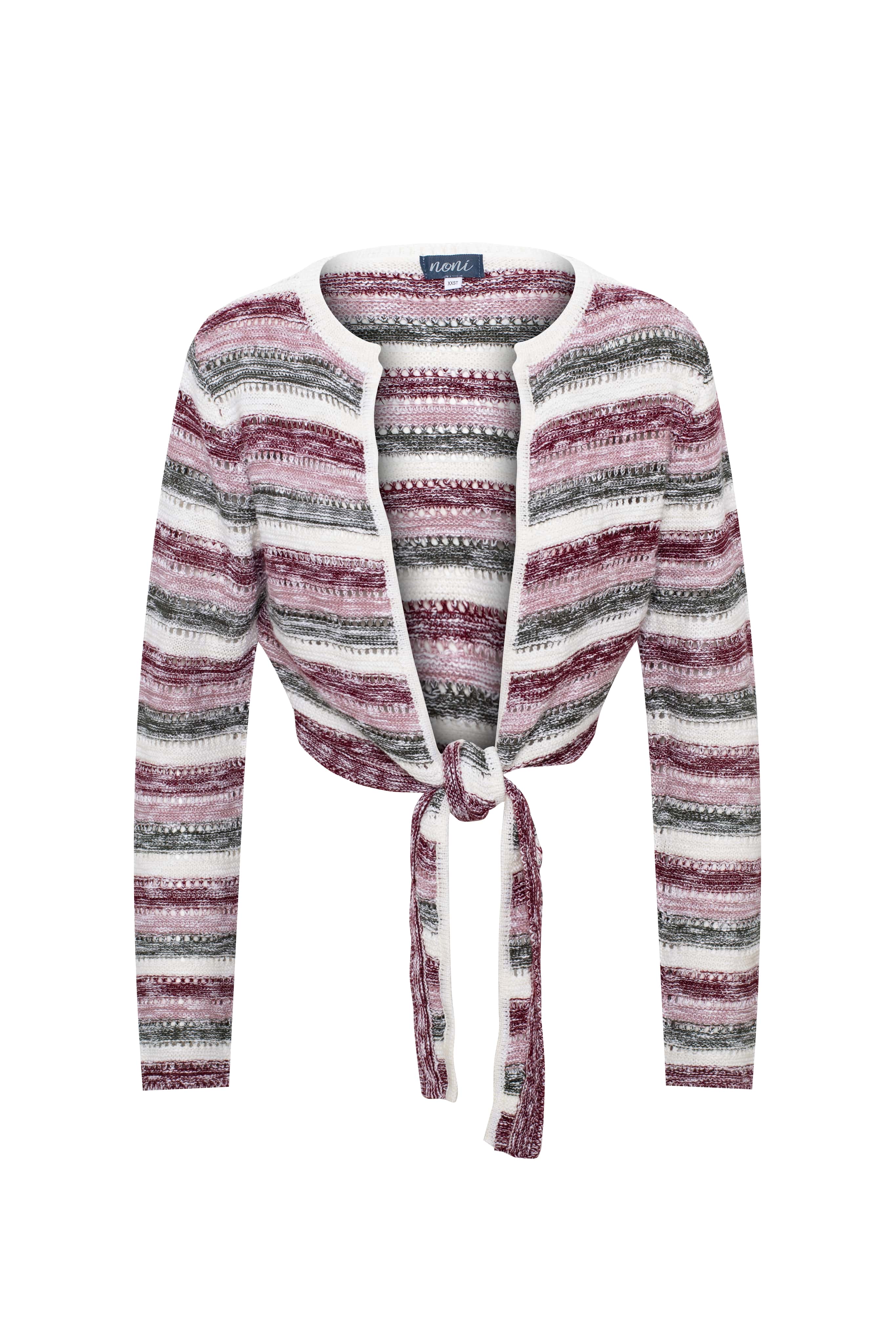 Crochet Cropped Cardigan in Burgundy Pink Multi by Noni