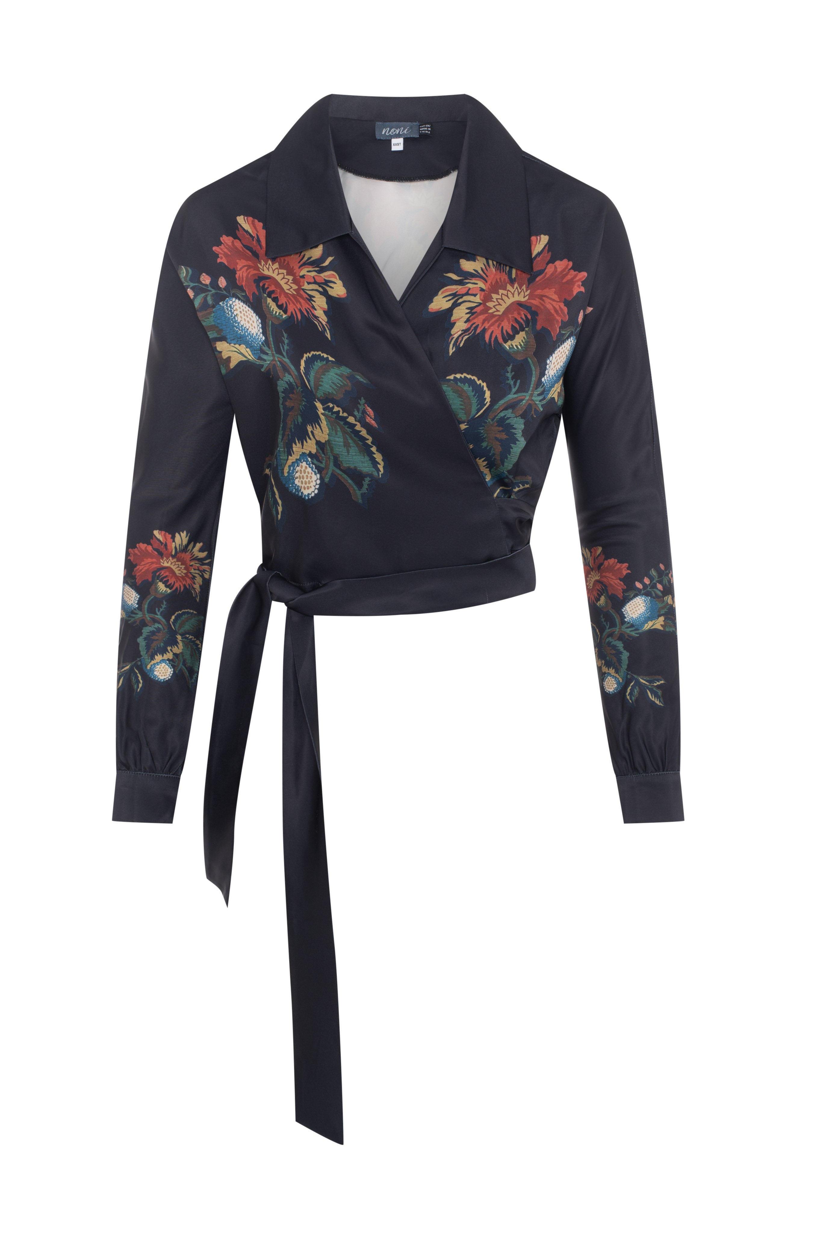 Satin Print Wrap Blouse in Black by Noni