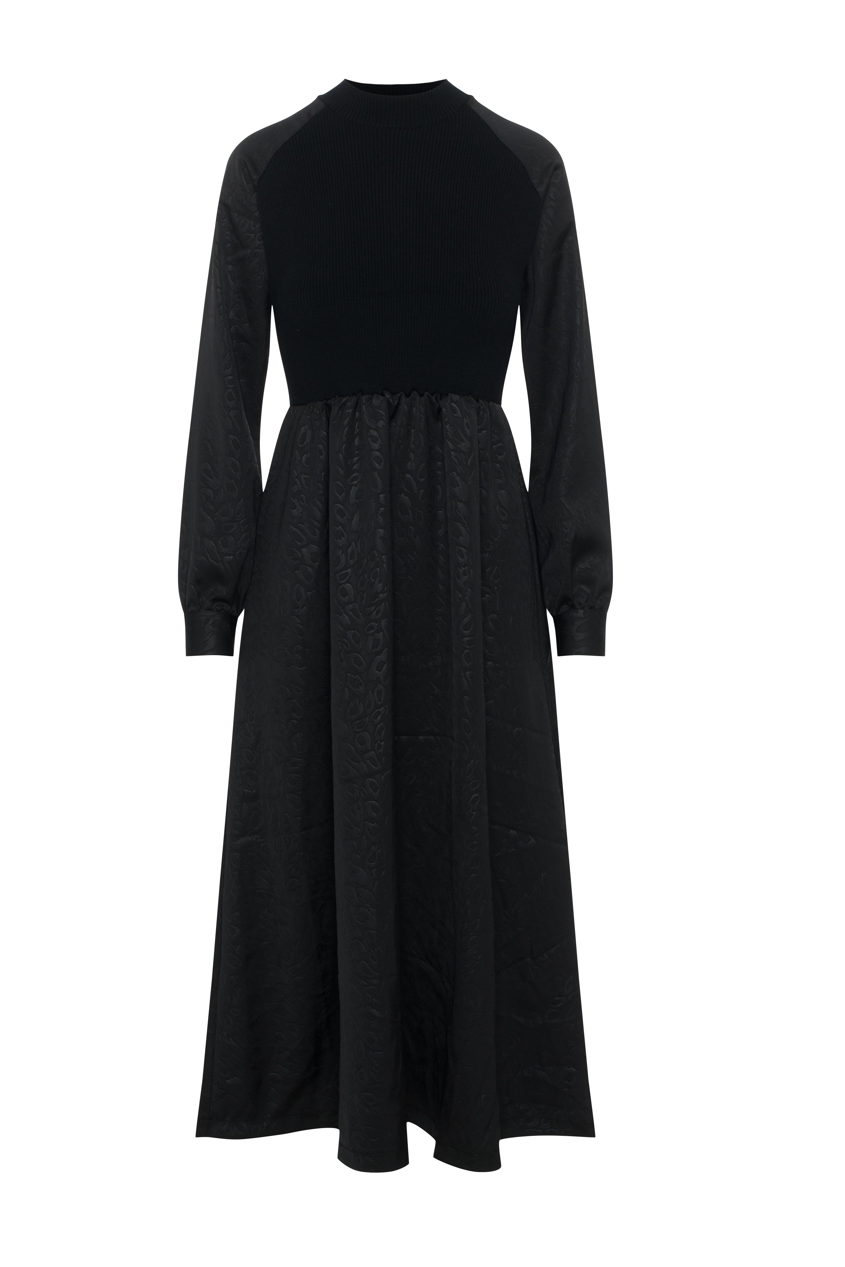 Mock Neck Satin Midi Dress in Black by Noni
