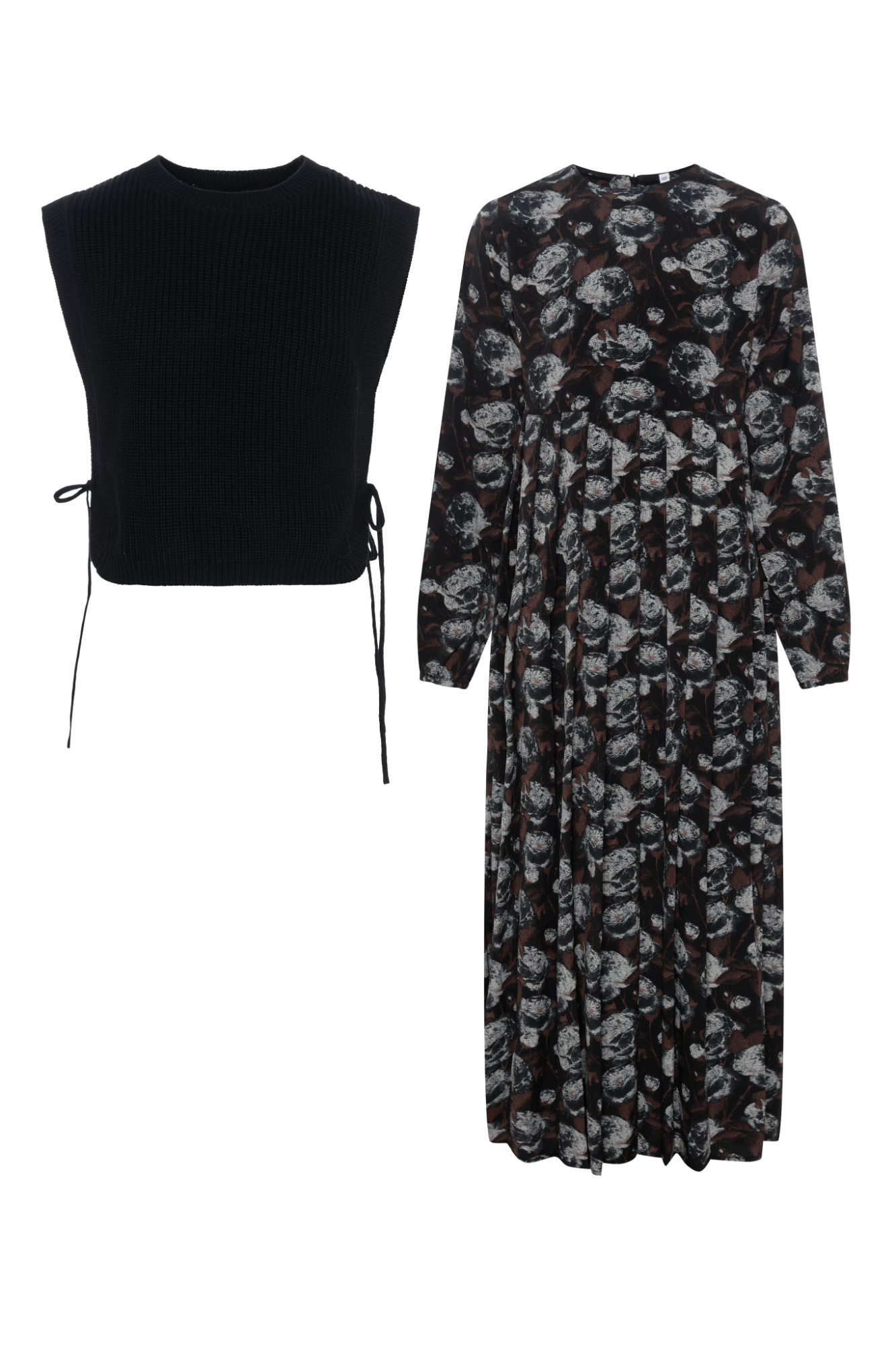 Floral Print Dress with Vest in Black by Noni