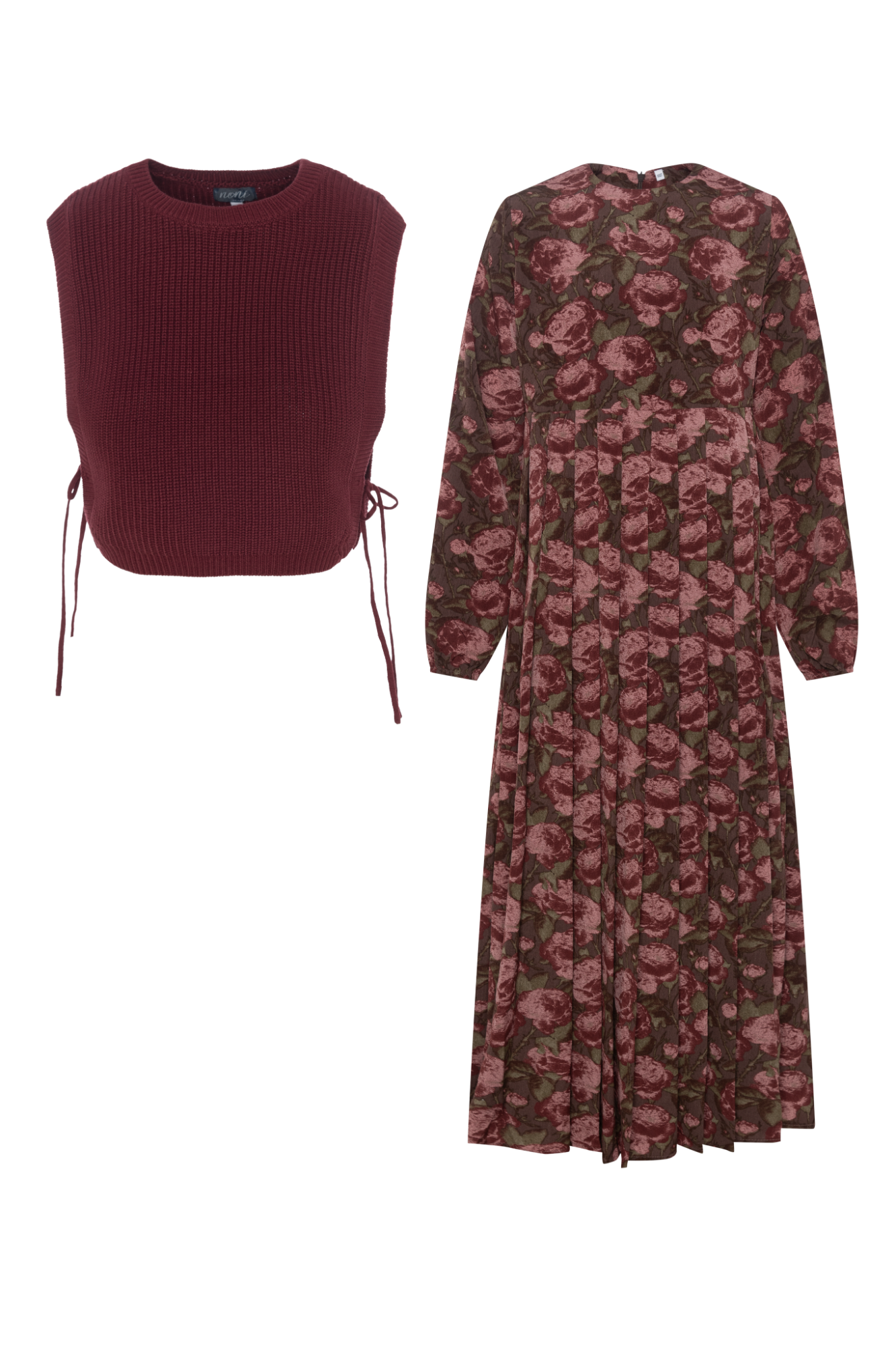 Floral Print Dress with Vest in Brown by Noni