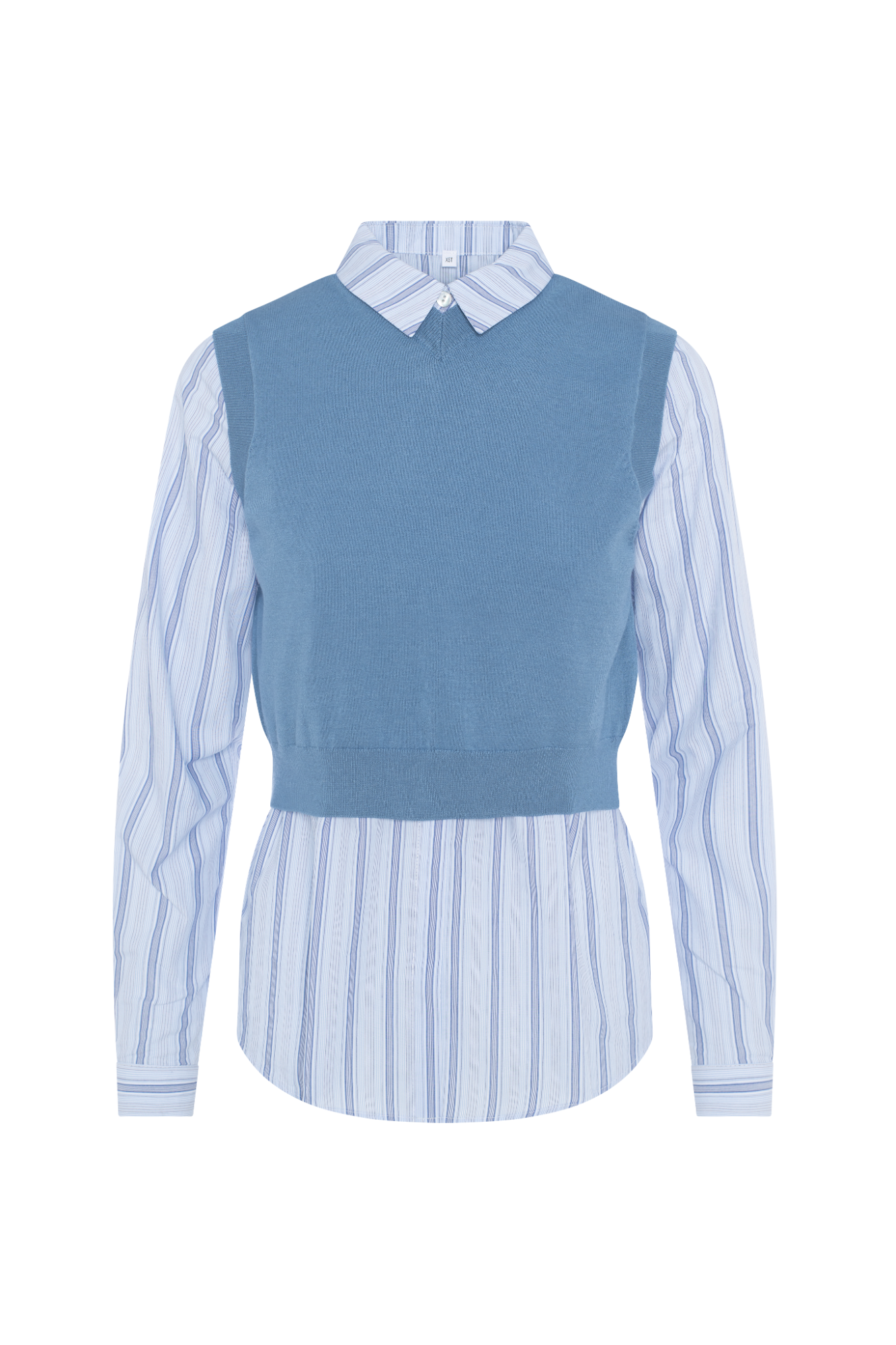 Knit Vest with Stripped Shirt in Blue by Noni