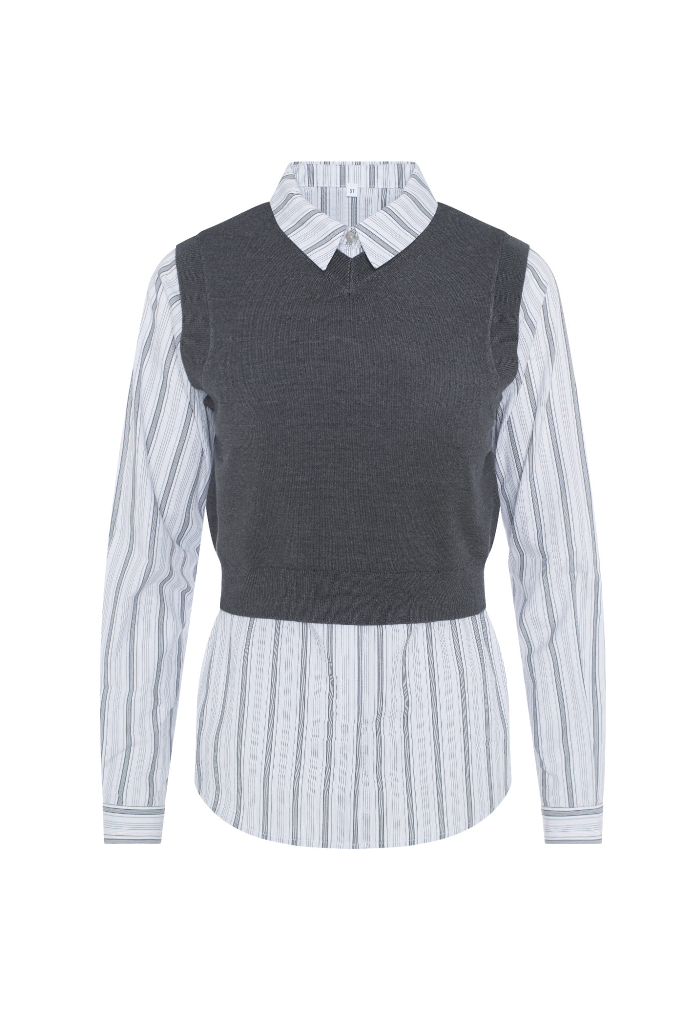 Knit Vest with Stripped Shirt in Medium Grey by Noni