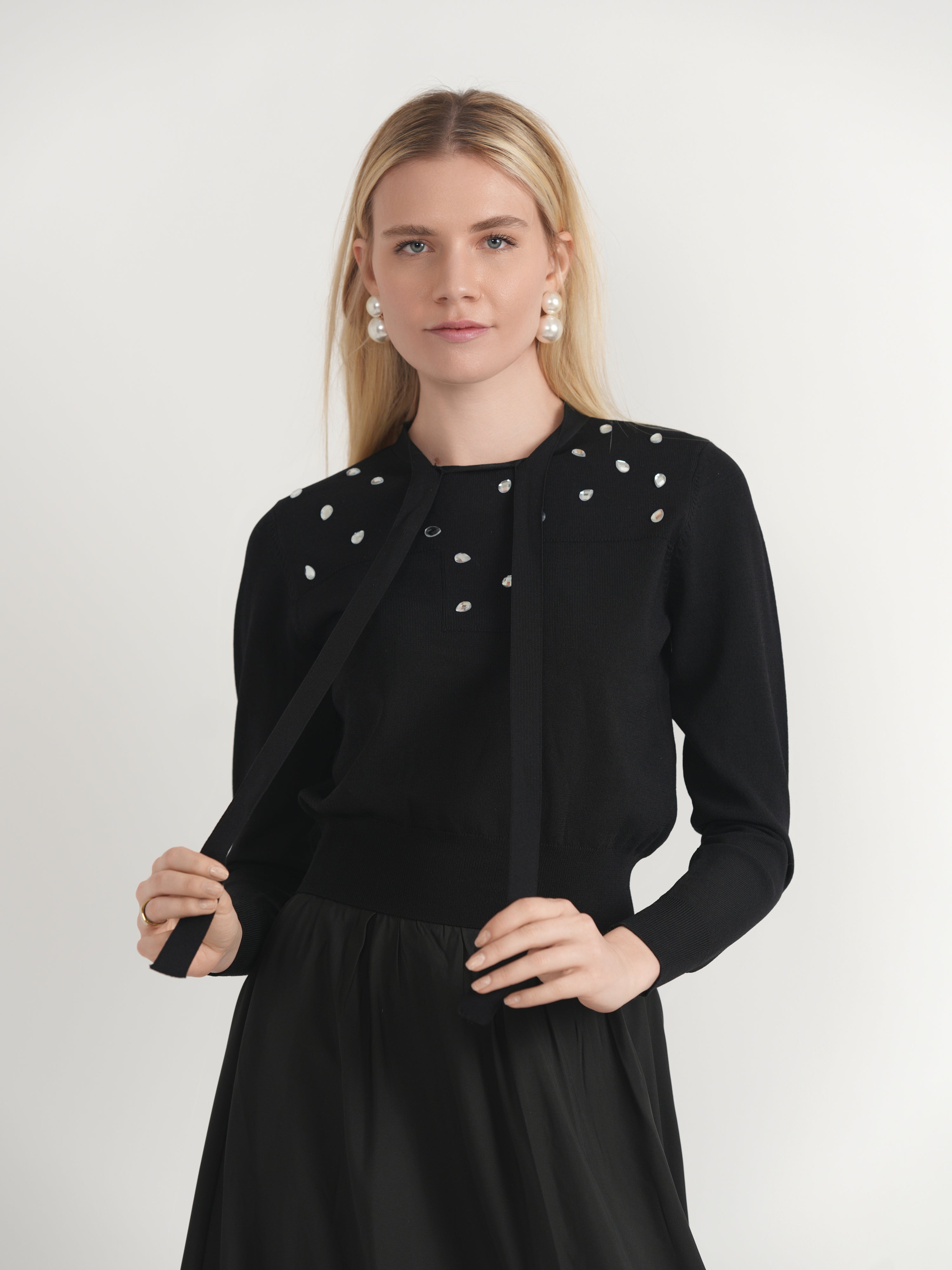 Cropped Diamond Tie Sweater in Black by Marjun