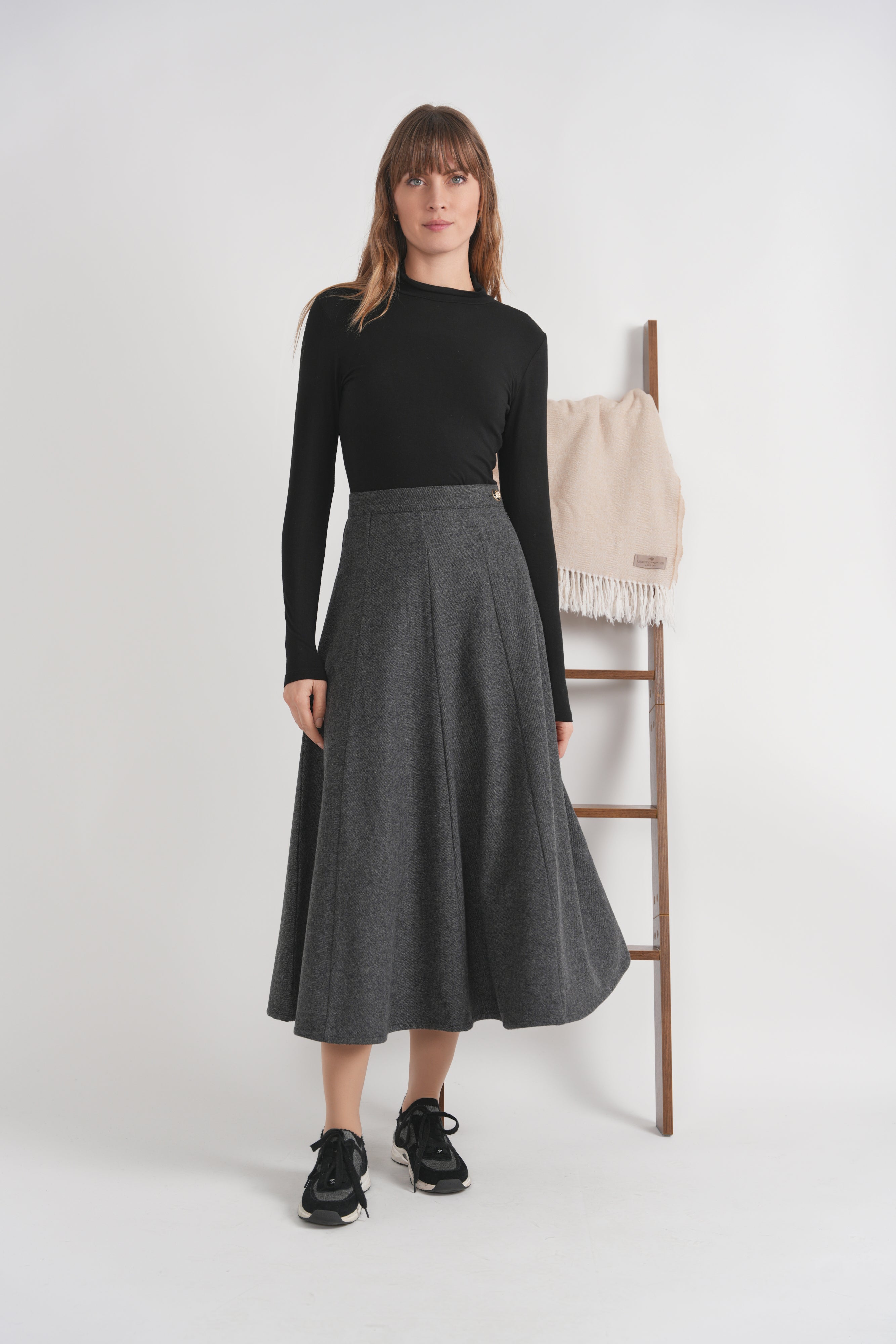 Wool Button Side Midi Skirt in by Birt UK